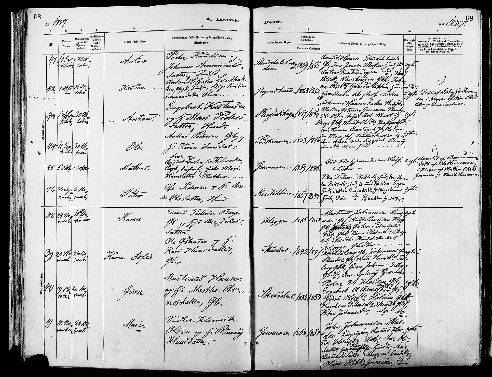 Sør-Fron prestekontor, AV/SAH-PREST-010/H/Ha/Haa/L0003: Parish register (official) no. 3, 1881-1897, p. 68