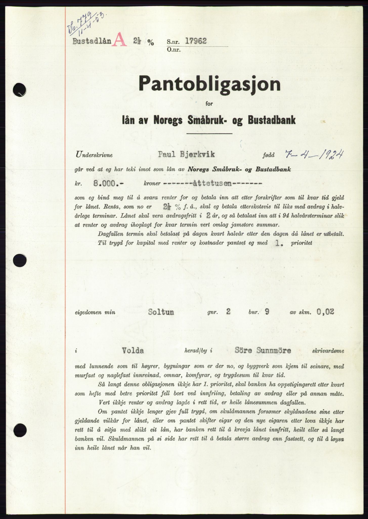 Søre Sunnmøre sorenskriveri, SAT/A-4122/1/2/2C/L0123: Mortgage book no. 11B, 1953-1953, Diary no: : 779/1953