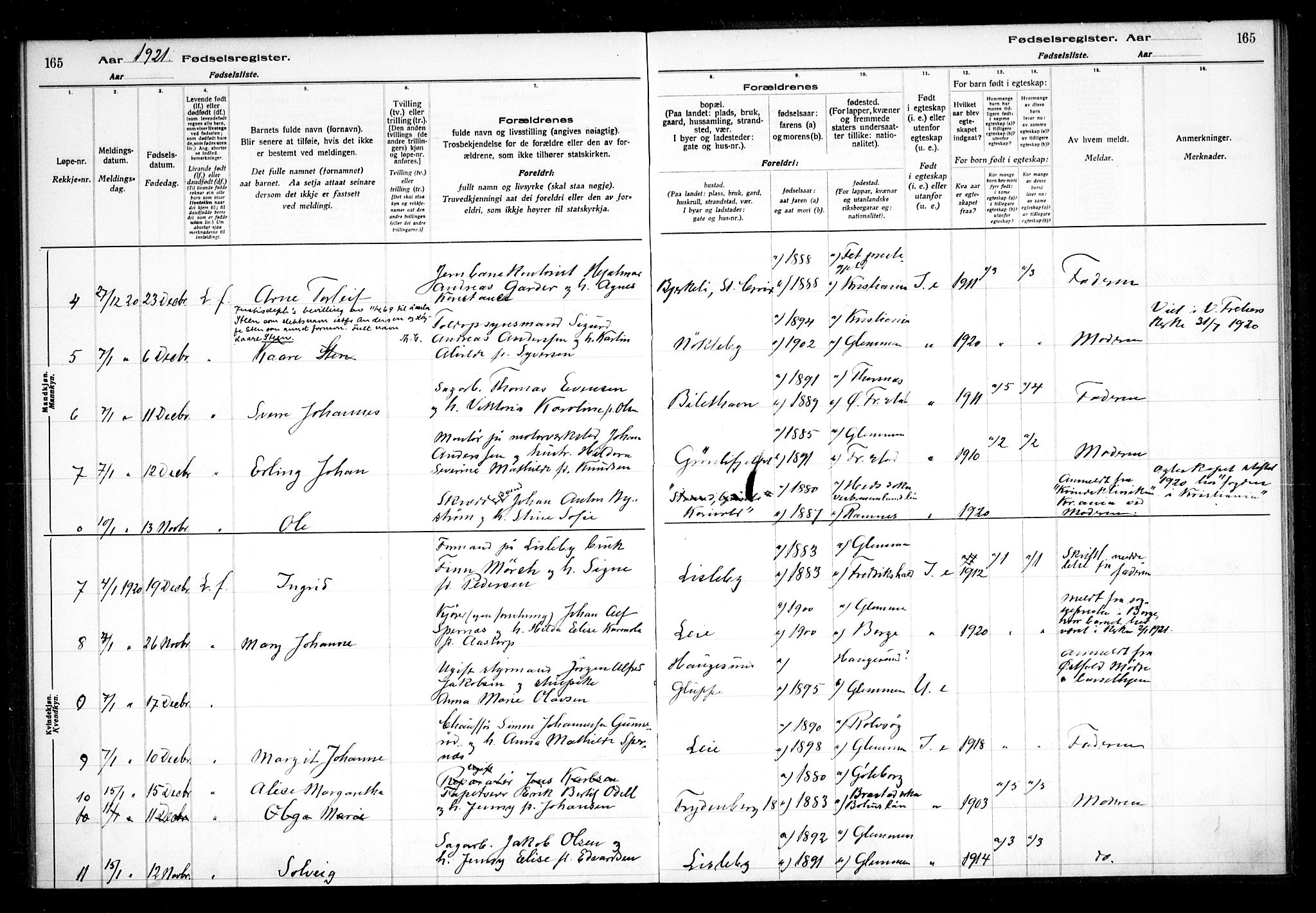 Glemmen prestekontor Kirkebøker, AV/SAO-A-10908/J/Ja/L0001: Birth register no. I 1, 1916-1922, p. 165