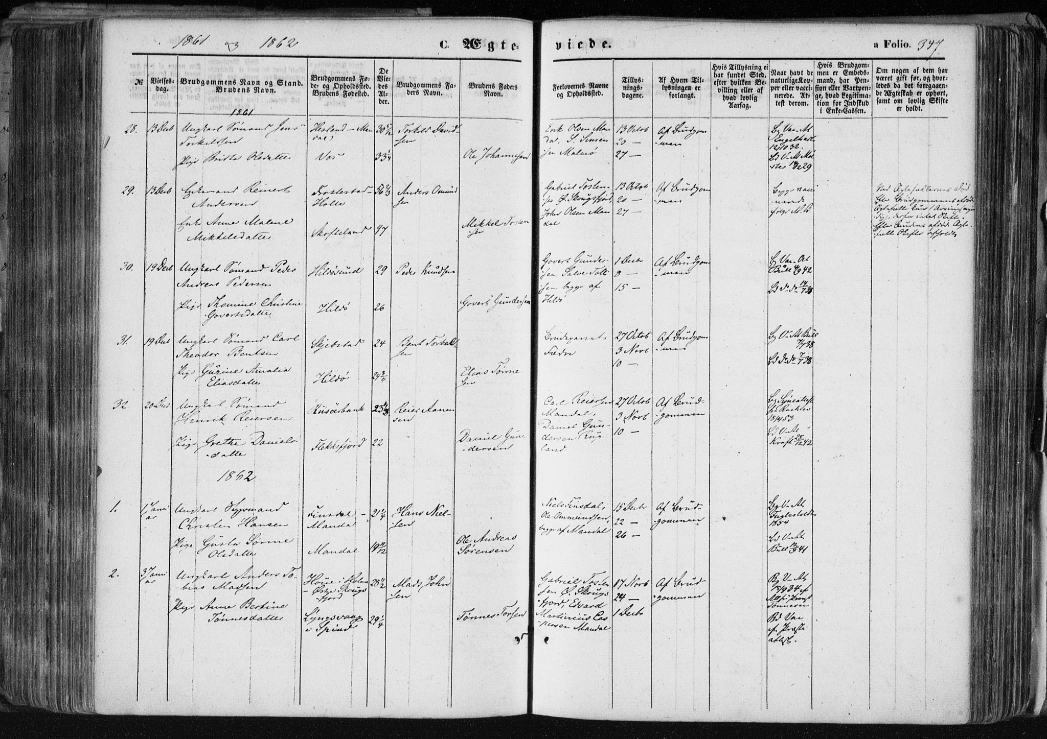 Mandal sokneprestkontor, SAK/1111-0030/F/Fa/Faa/L0014: Parish register (official) no. A 14, 1859-1872, p. 347