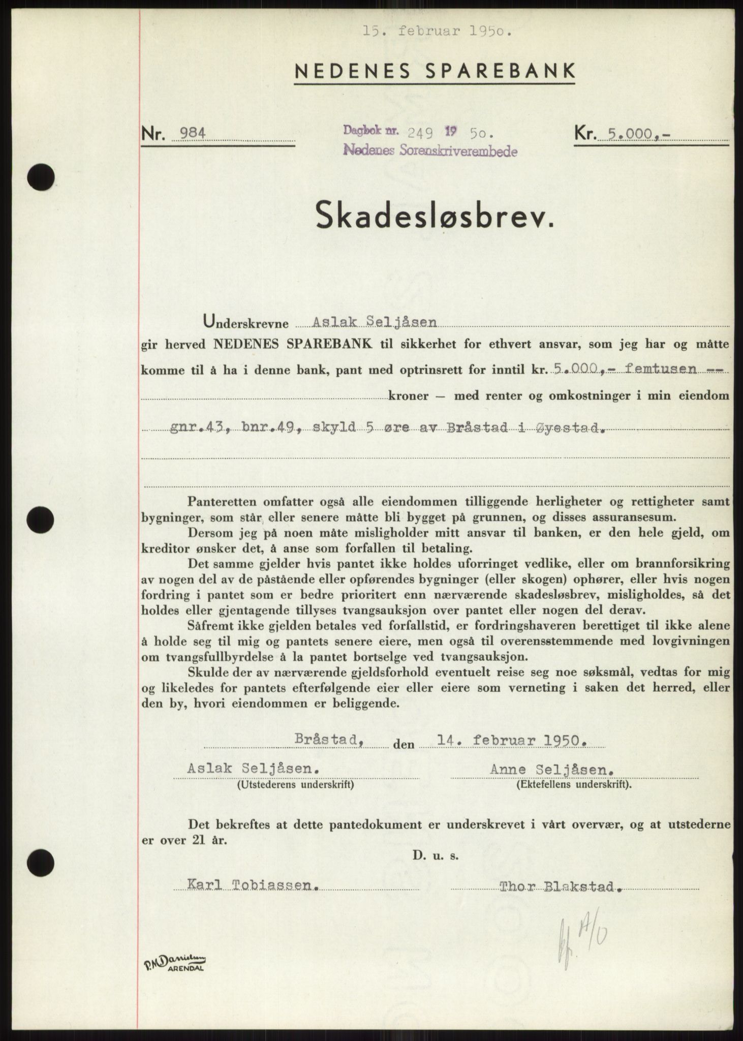 Nedenes sorenskriveri, AV/SAK-1221-0006/G/Gb/Gbb/L0007: Mortgage book no. B7, 1949-1950, Diary no: : 249/1950