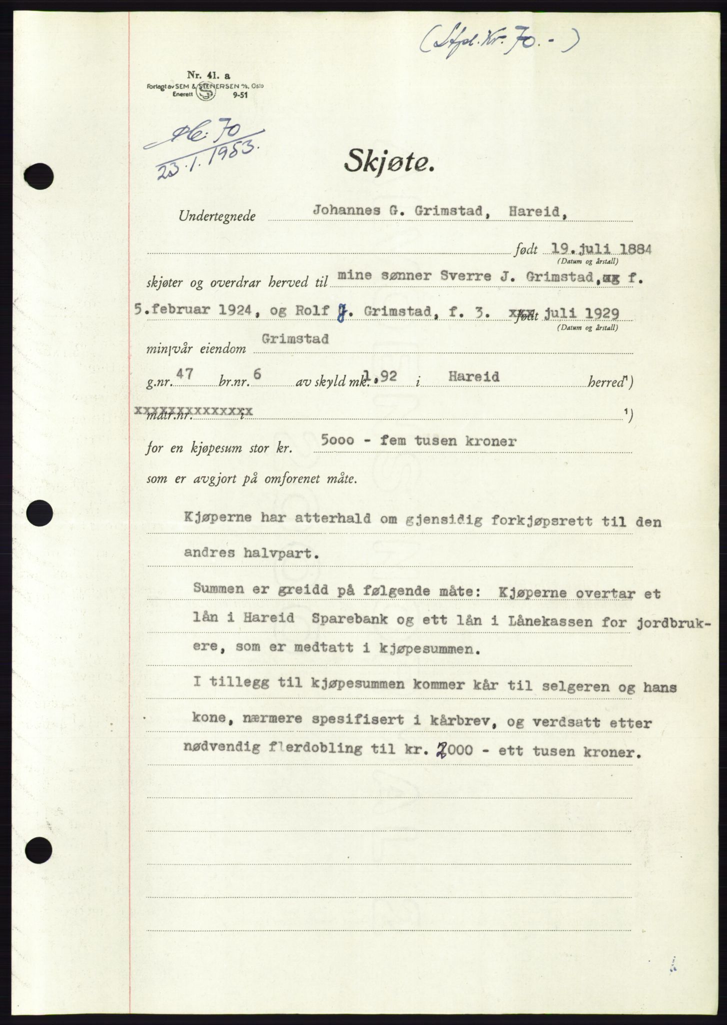 Søre Sunnmøre sorenskriveri, AV/SAT-A-4122/1/2/2C/L0094: Mortgage book no. 20A, 1953-1953, Diary no: : 175/1953