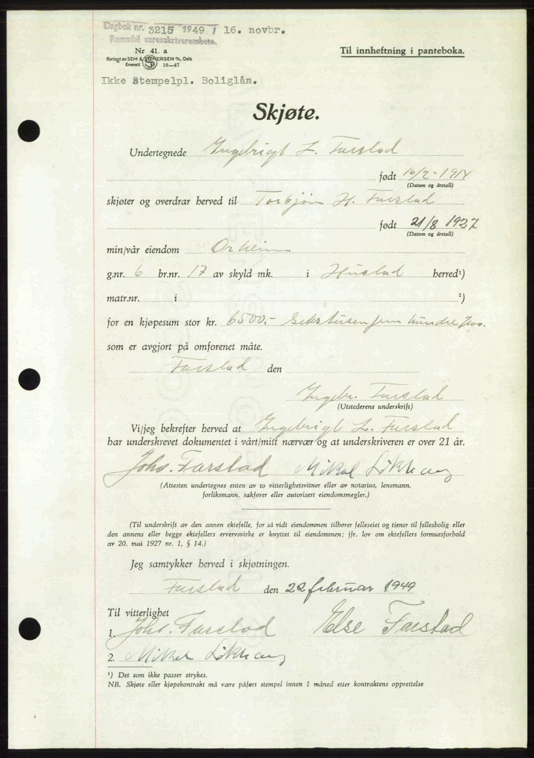 Romsdal sorenskriveri, AV/SAT-A-4149/1/2/2C: Mortgage book no. A31, 1949-1949, Diary no: : 3215/1949