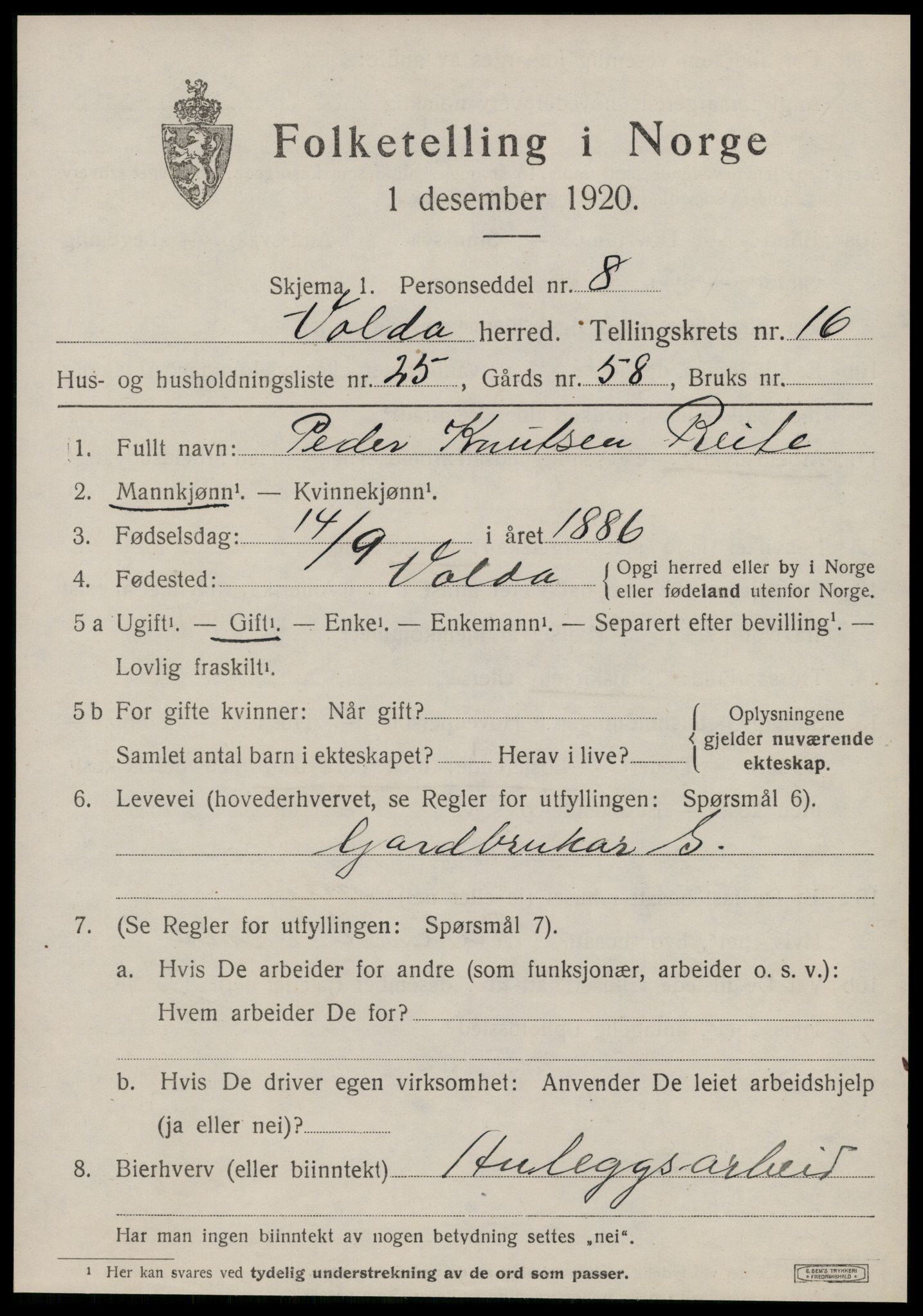 SAT, 1920 census for Volda, 1920, p. 9562