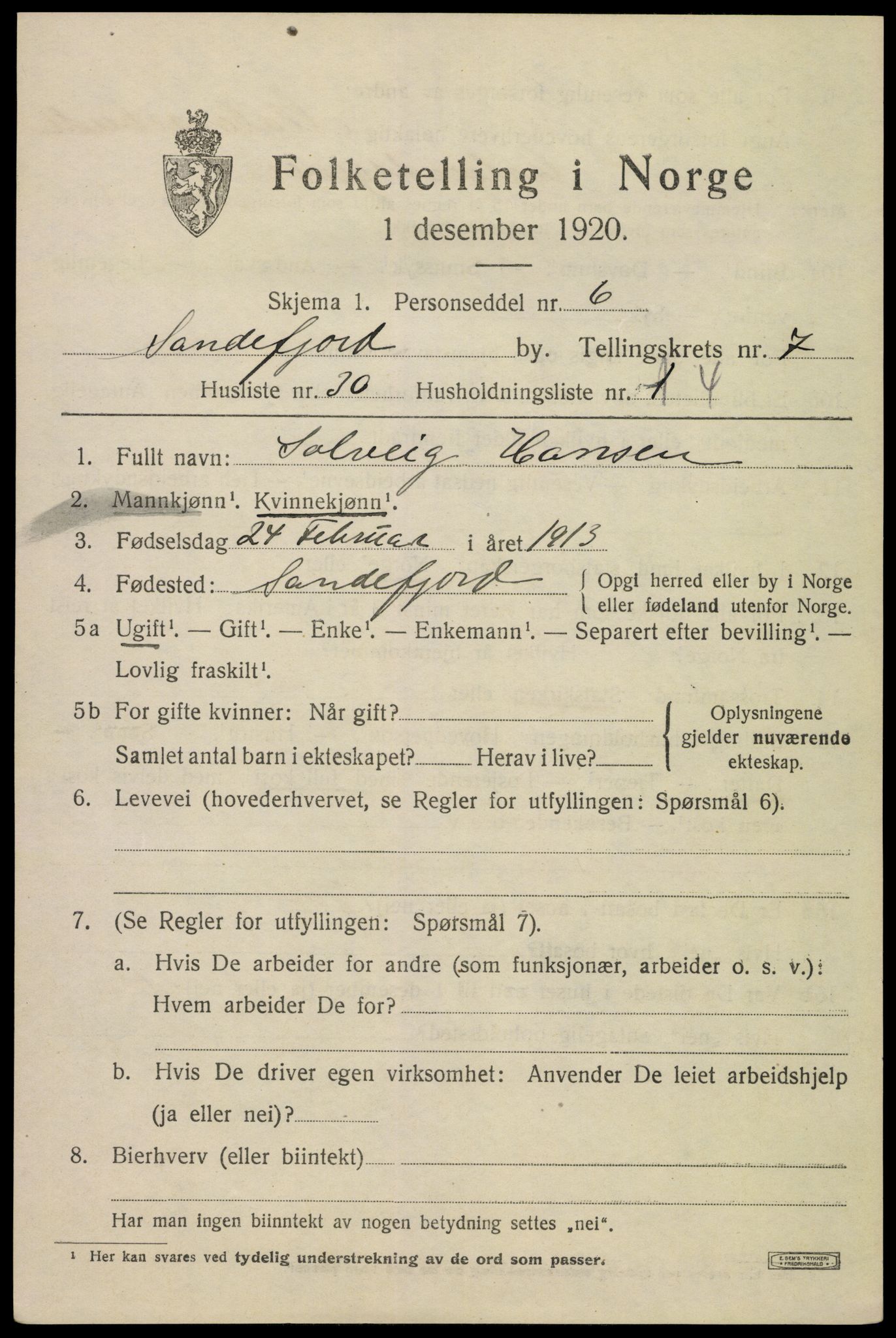 SAKO, 1920 census for Sandefjord, 1920, p. 11092