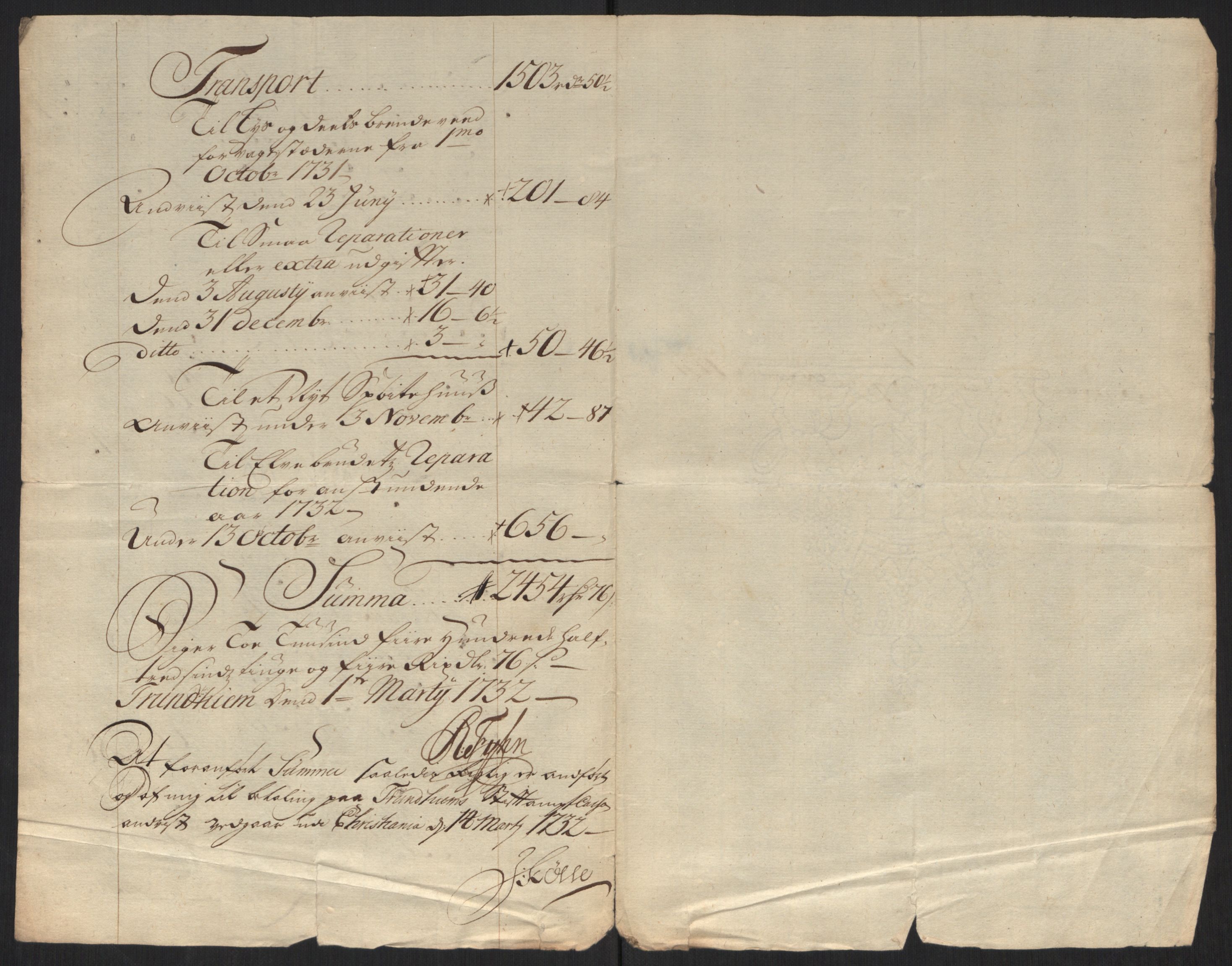 Rentekammeret inntil 1814, Reviderte regnskaper, Militære regnskaper, AV/RA-EA-4069/Rd/L0649: Trondheim festningsregnskaper, 1731