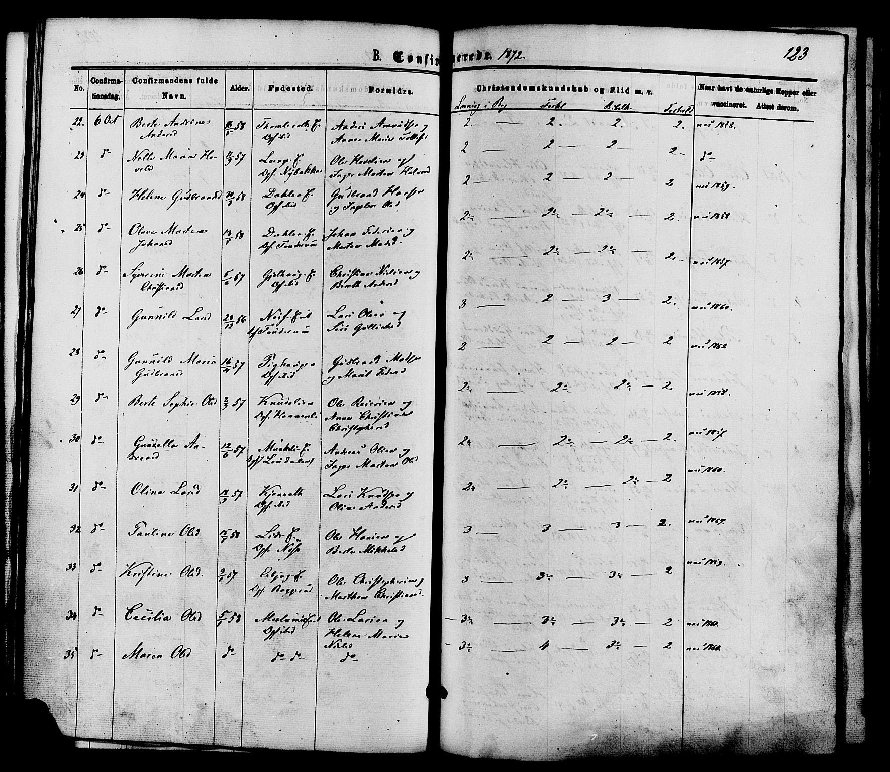 Nordre Land prestekontor, AV/SAH-PREST-124/H/Ha/Haa/L0002: Parish register (official) no. 2, 1872-1881, p. 123