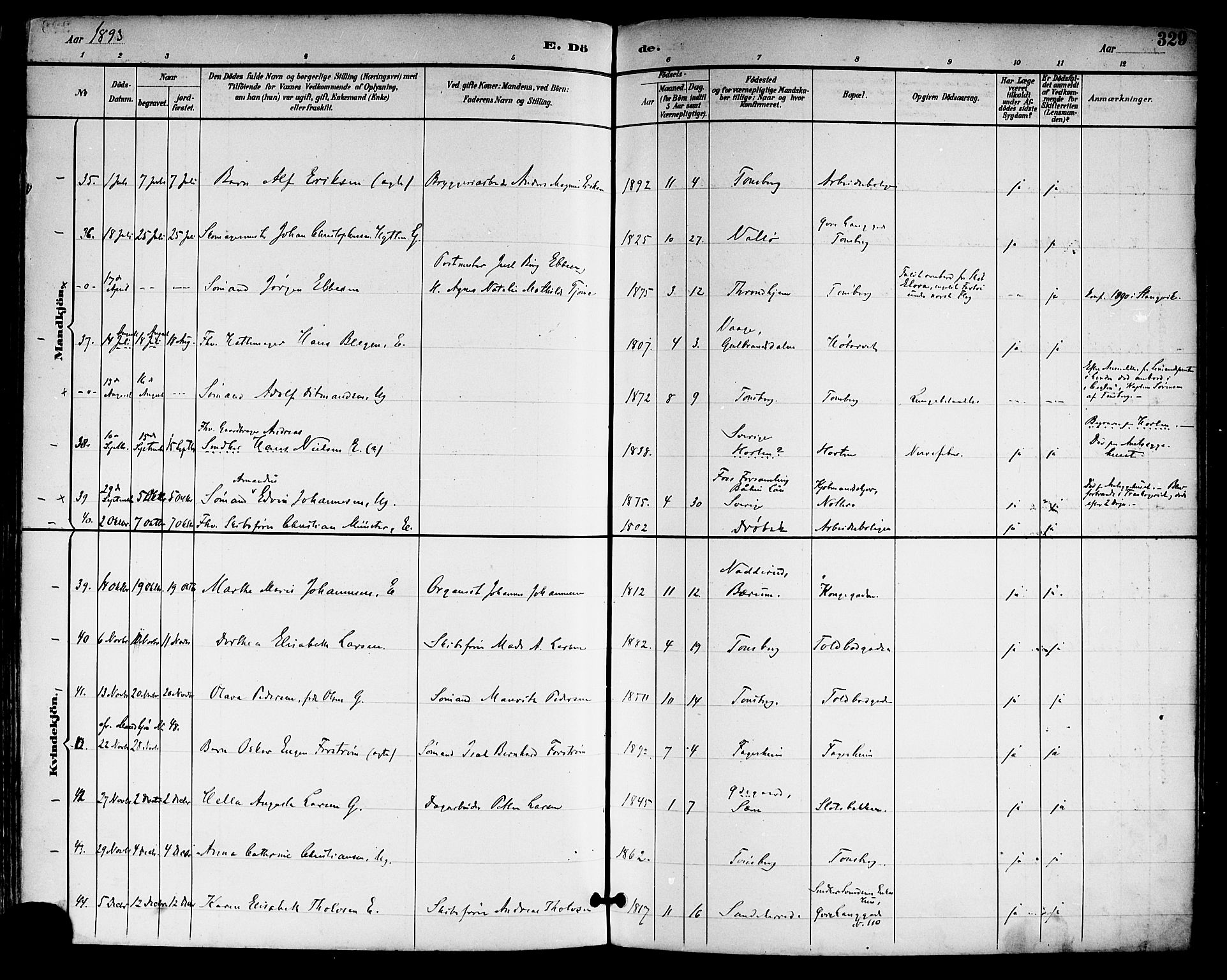 Tønsberg kirkebøker, AV/SAKO-A-330/F/Fa/L0012: Parish register (official) no. I 12, 1891-1899, p. 329