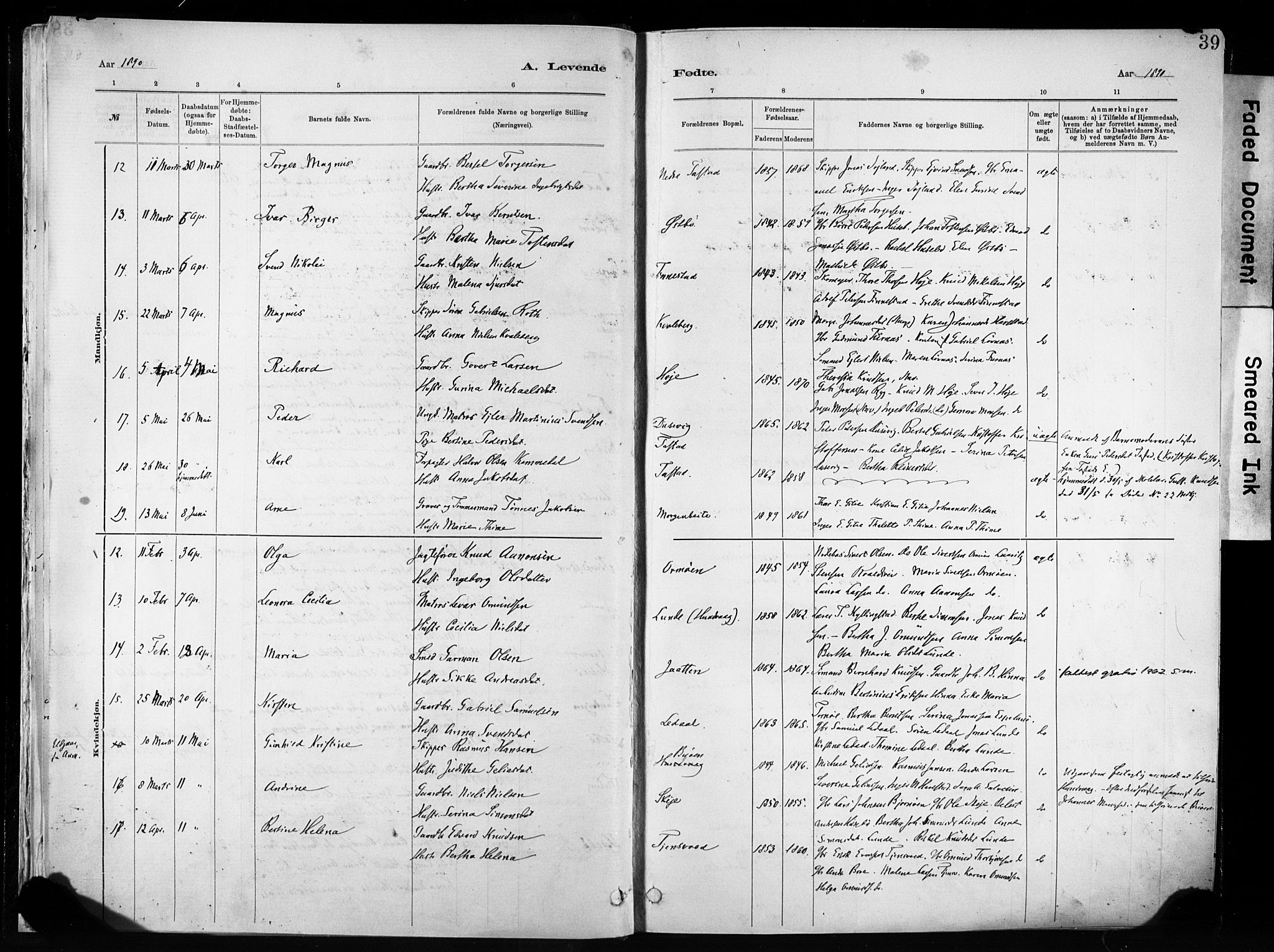 Hetland sokneprestkontor, AV/SAST-A-101826/30/30BA/L0011: Parish register (official) no. A 11, 1884-1911, p. 39