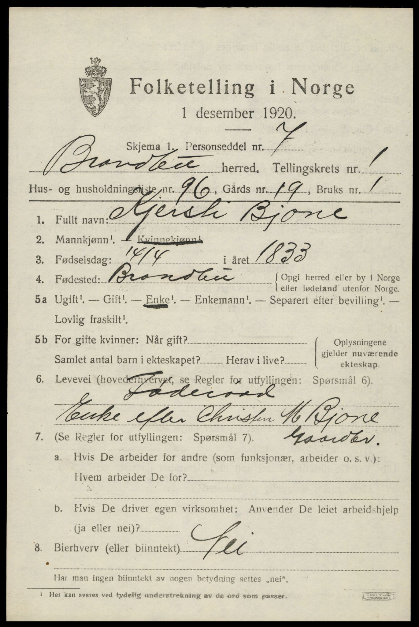 SAH, 1920 census for Brandbu, 1920, p. 3065