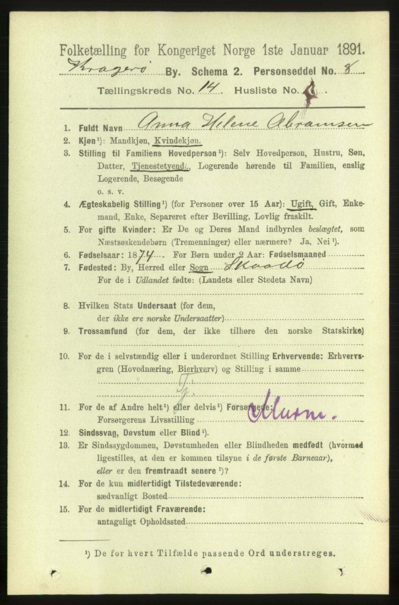 RA, 1891 census for 0801 Kragerø, 1891, p. 4083