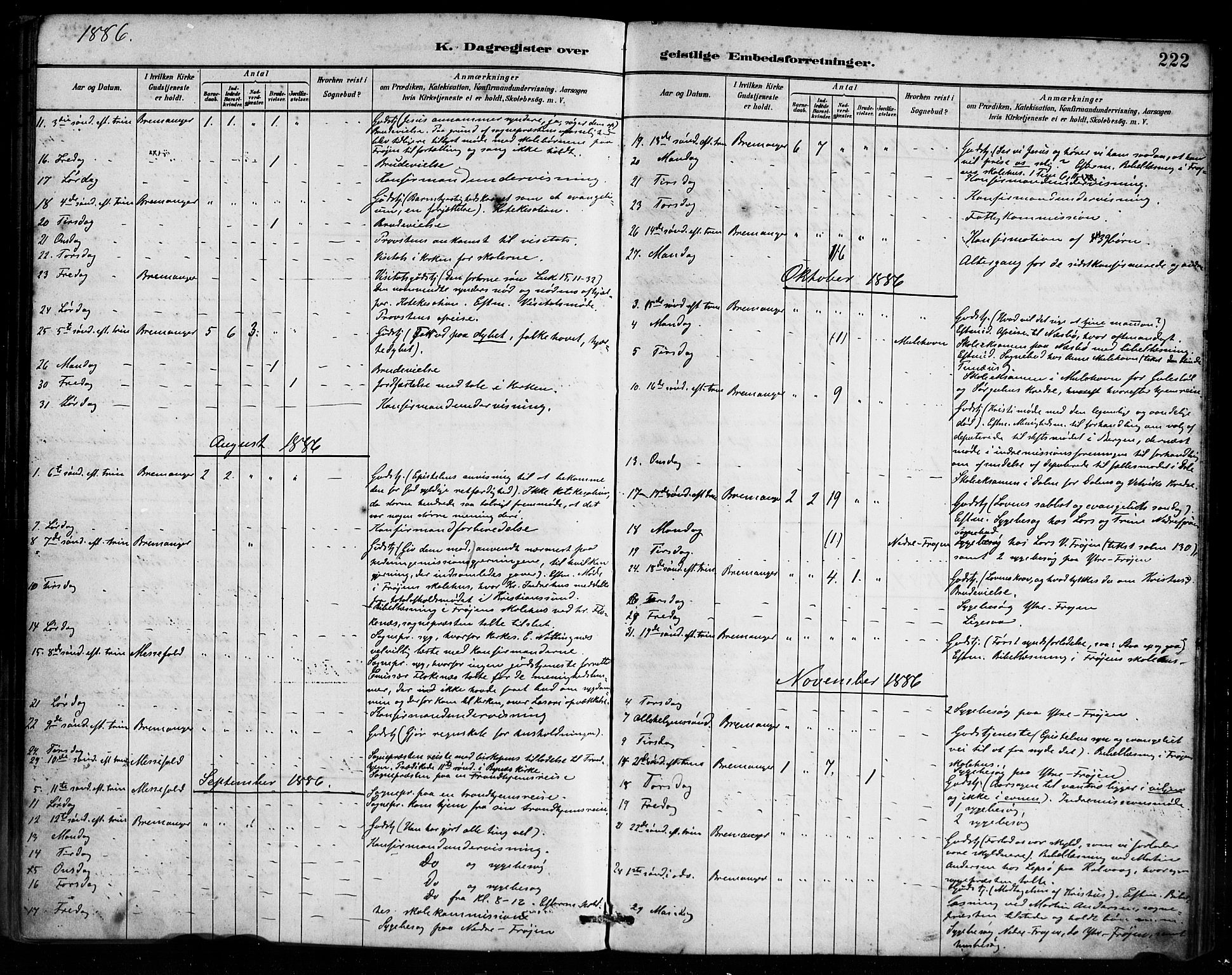 Bremanger sokneprestembete, AV/SAB-A-82201/H/Haa/Haab/L0001: Parish register (official) no. B 1, 1884-1895, p. 222