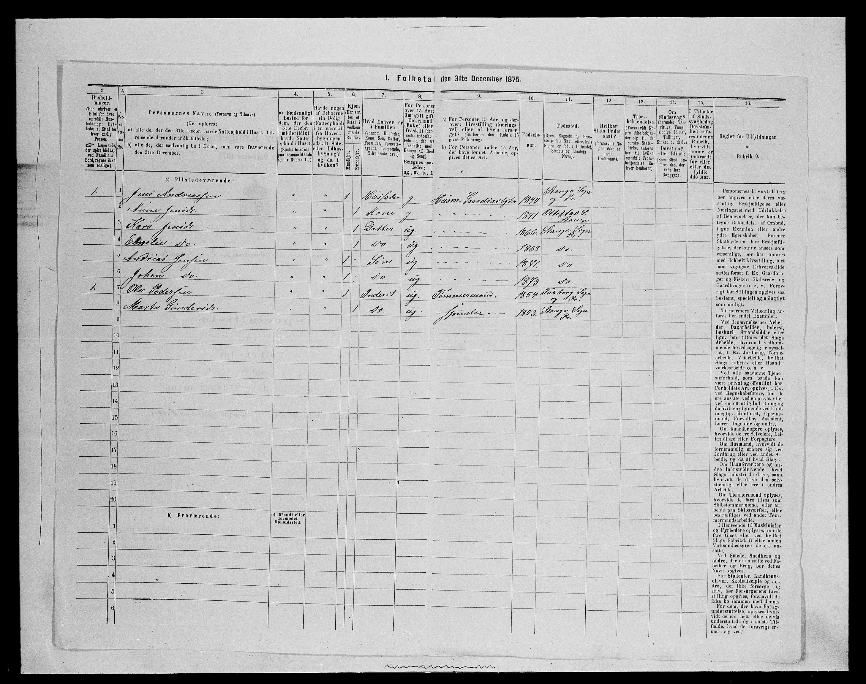 SAH, 1875 census for 0417P Stange, 1875, p. 423