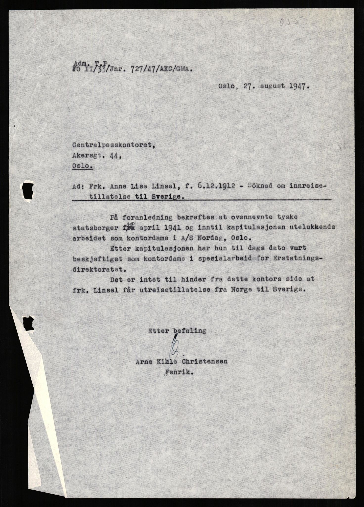 Forsvaret, Forsvarets overkommando II, AV/RA-RAFA-3915/D/Db/L0020: CI Questionaires. Tyske okkupasjonsstyrker i Norge. Tyskere., 1945-1946, p. 245