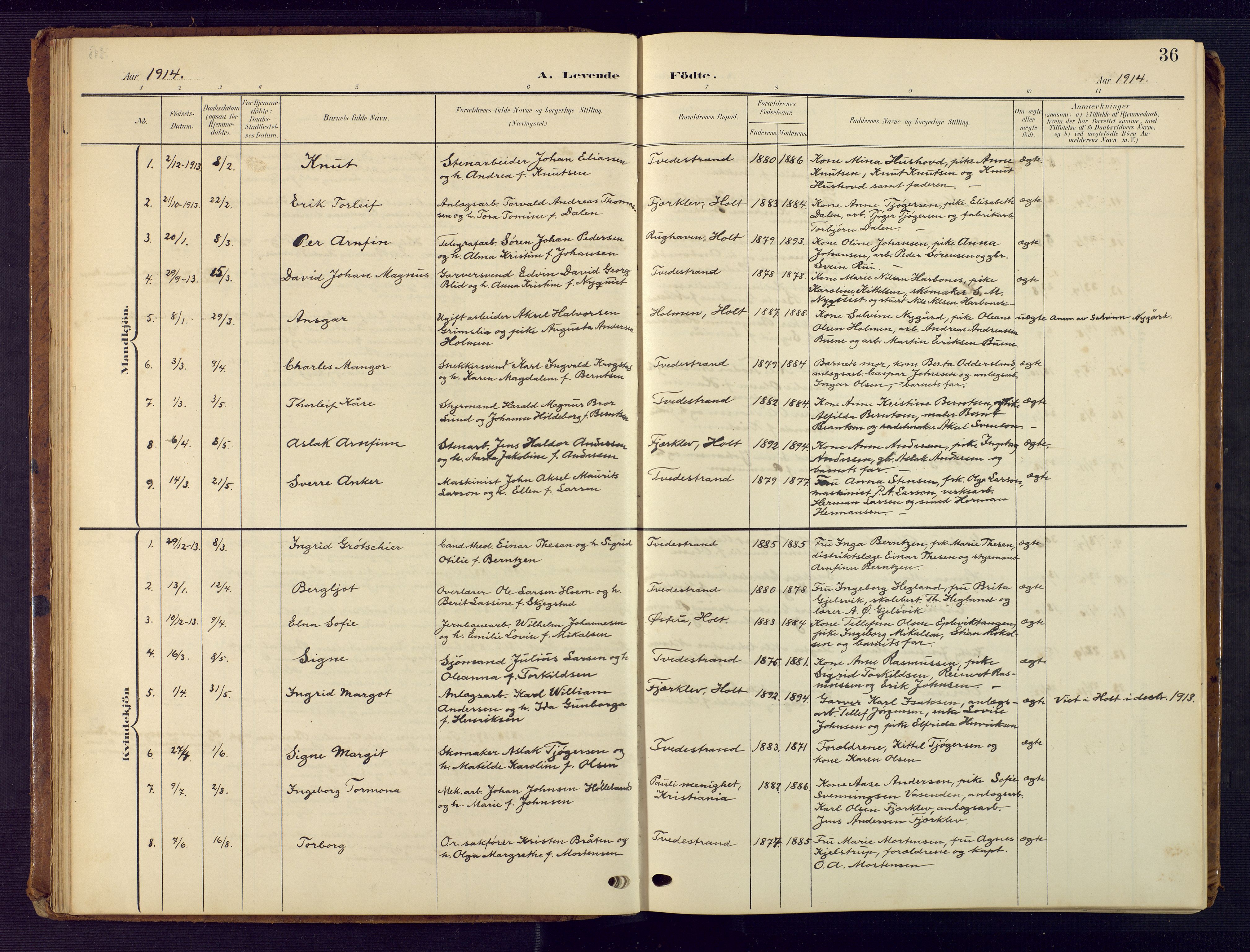Tvedestrand sokneprestkontor, SAK/1111-0042/F/Fb/L0001: Parish register (copy) no. B 1, 1902-1956, p. 36