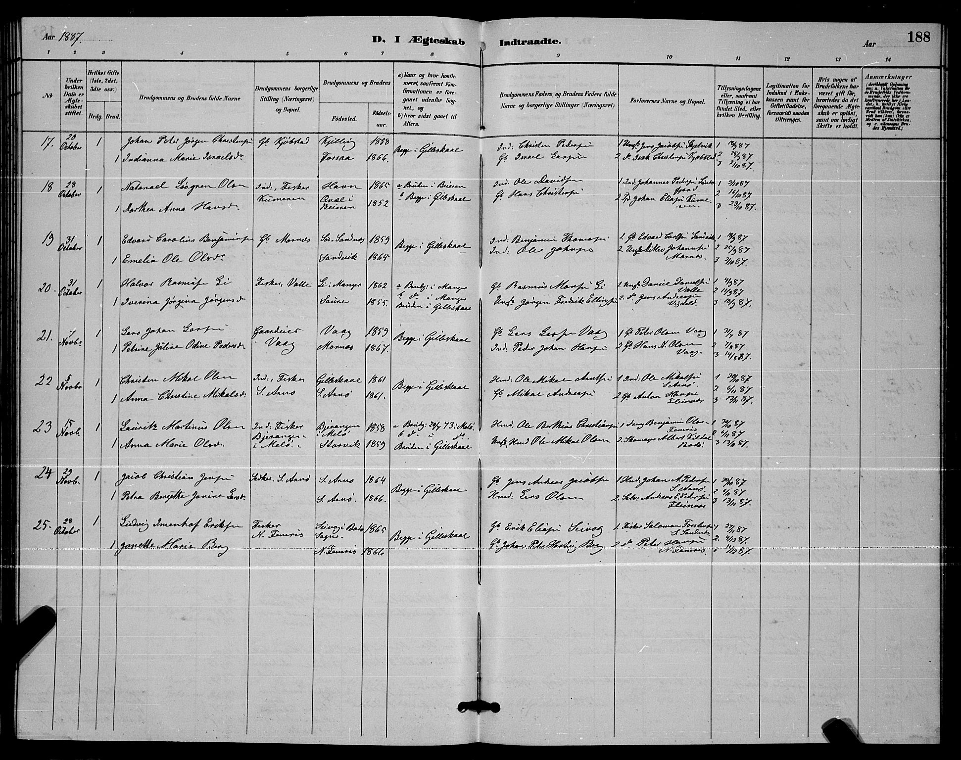 Ministerialprotokoller, klokkerbøker og fødselsregistre - Nordland, AV/SAT-A-1459/805/L0108: Parish register (copy) no. 805C04, 1885-1899, p. 188