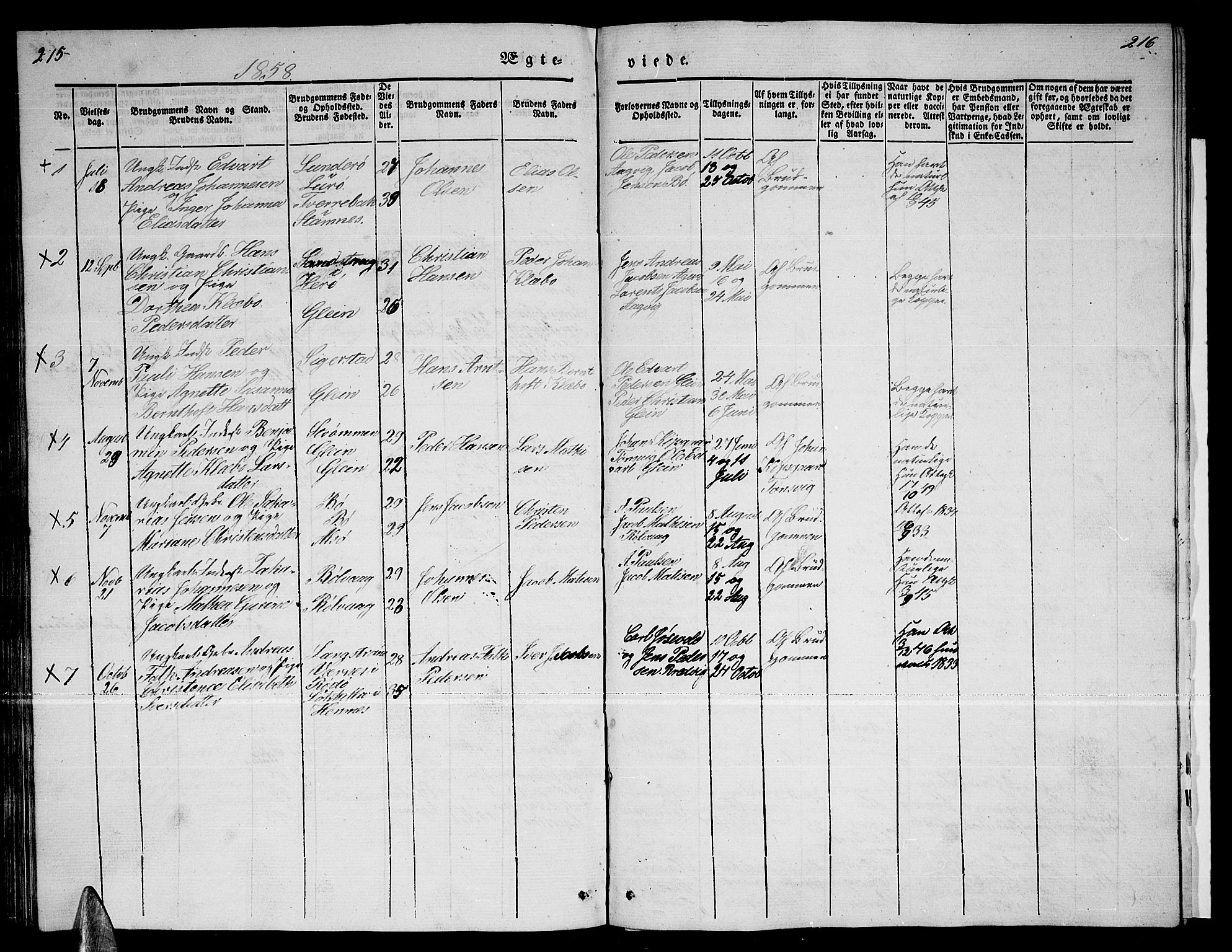 Ministerialprotokoller, klokkerbøker og fødselsregistre - Nordland, SAT/A-1459/835/L0530: Parish register (copy) no. 835C02, 1842-1865, p. 215-216