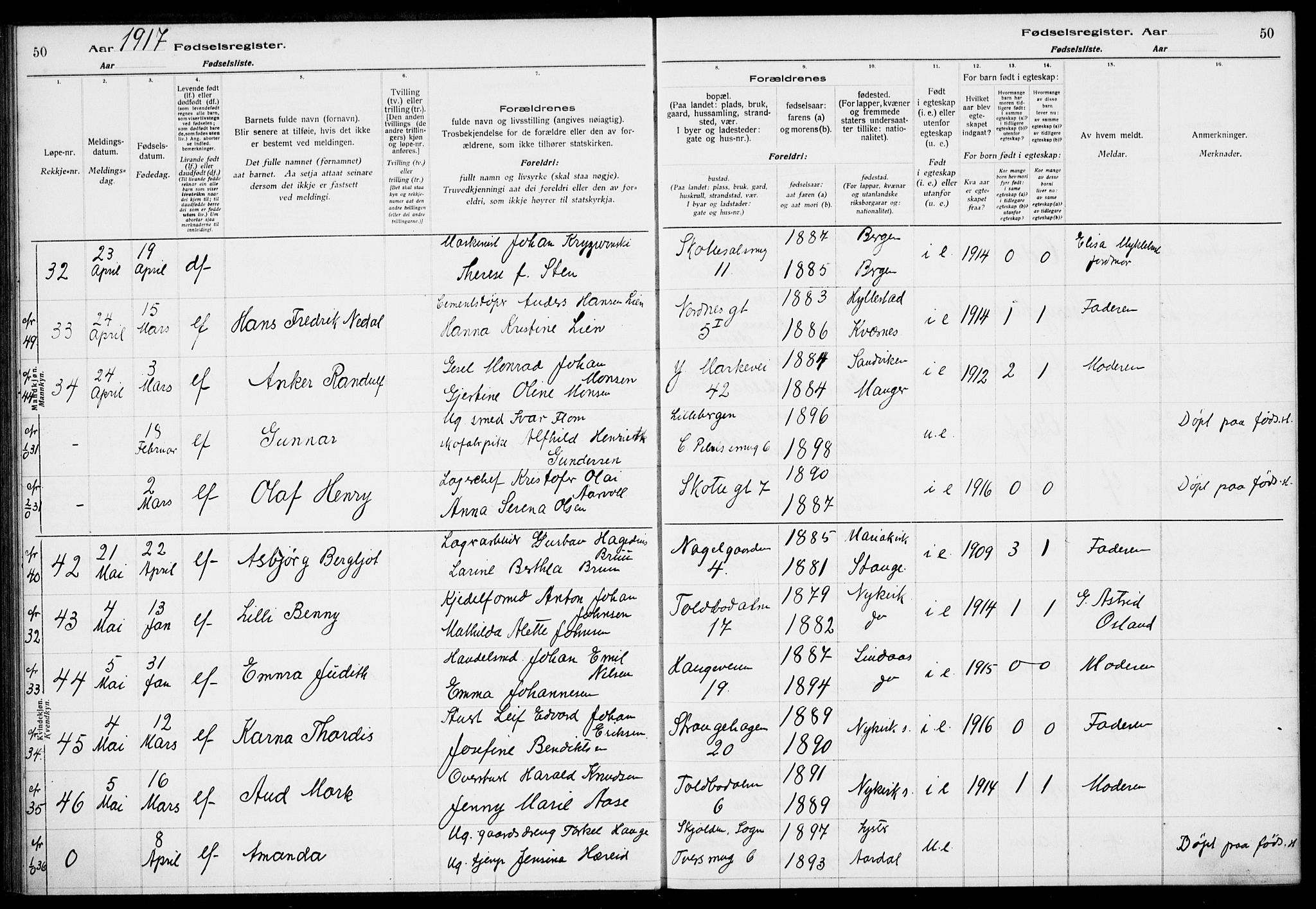 Nykirken Sokneprestembete, AV/SAB-A-77101/I/Id/L00A1: Birth register no. A 1, 1916-1922, p. 50