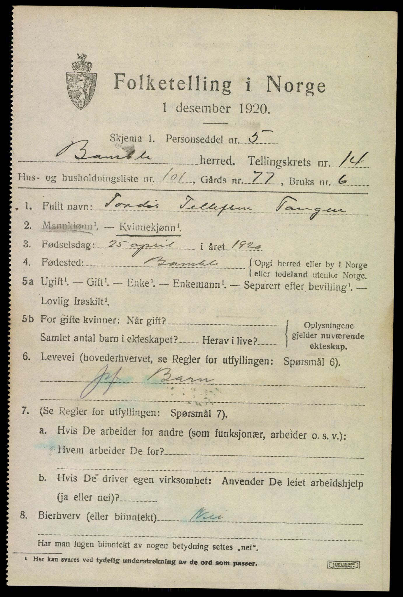 SAKO, 1920 census for Bamble, 1920, p. 10847