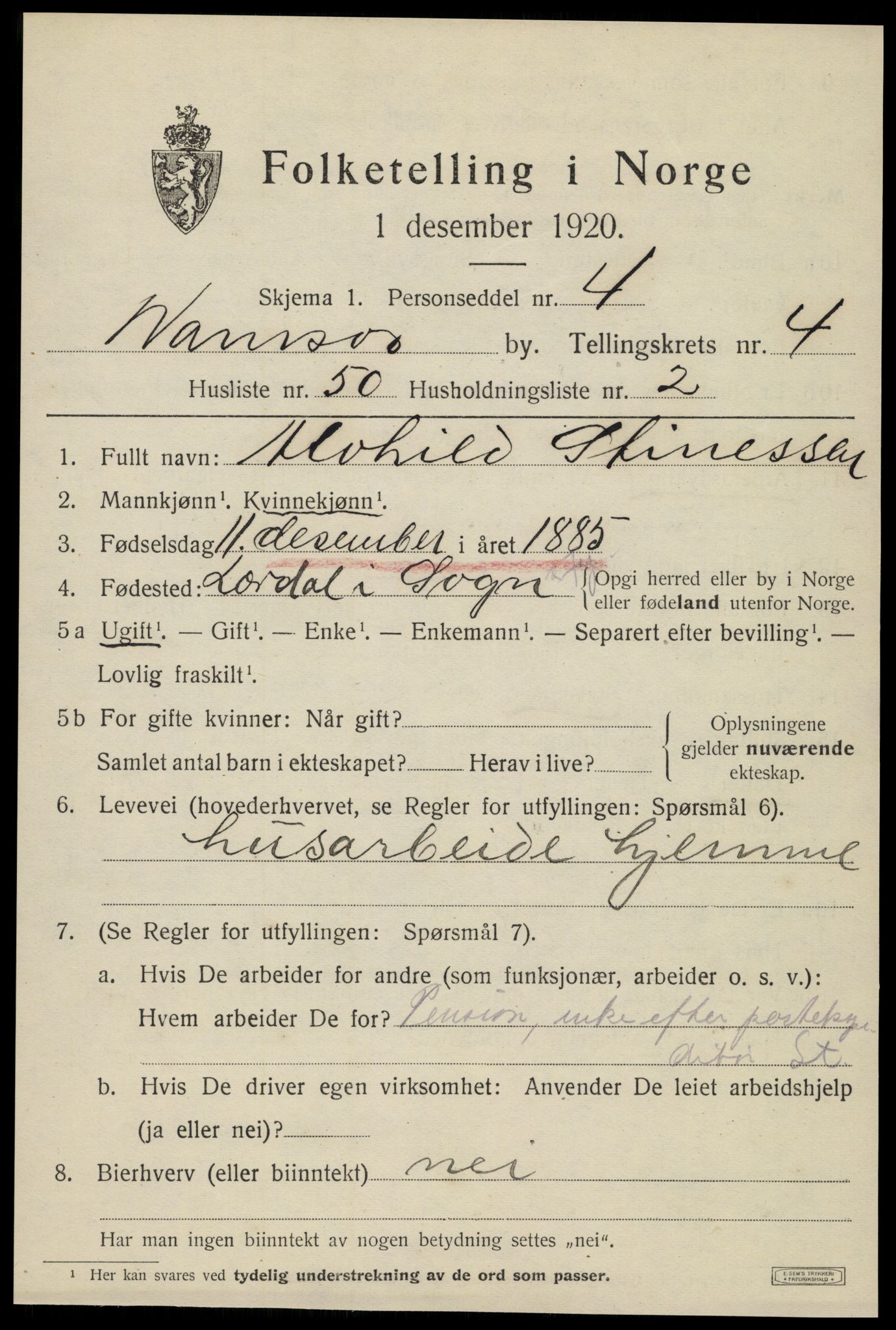 SAT, 1920 census for Namsos, 1920, p. 5633