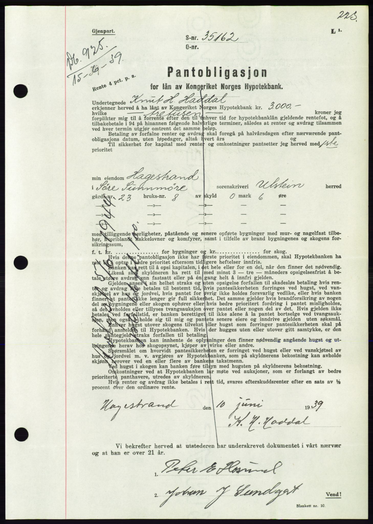 Søre Sunnmøre sorenskriveri, AV/SAT-A-4122/1/2/2C/L0068: Mortgage book no. 62, 1939-1939, Diary no: : 925/1939