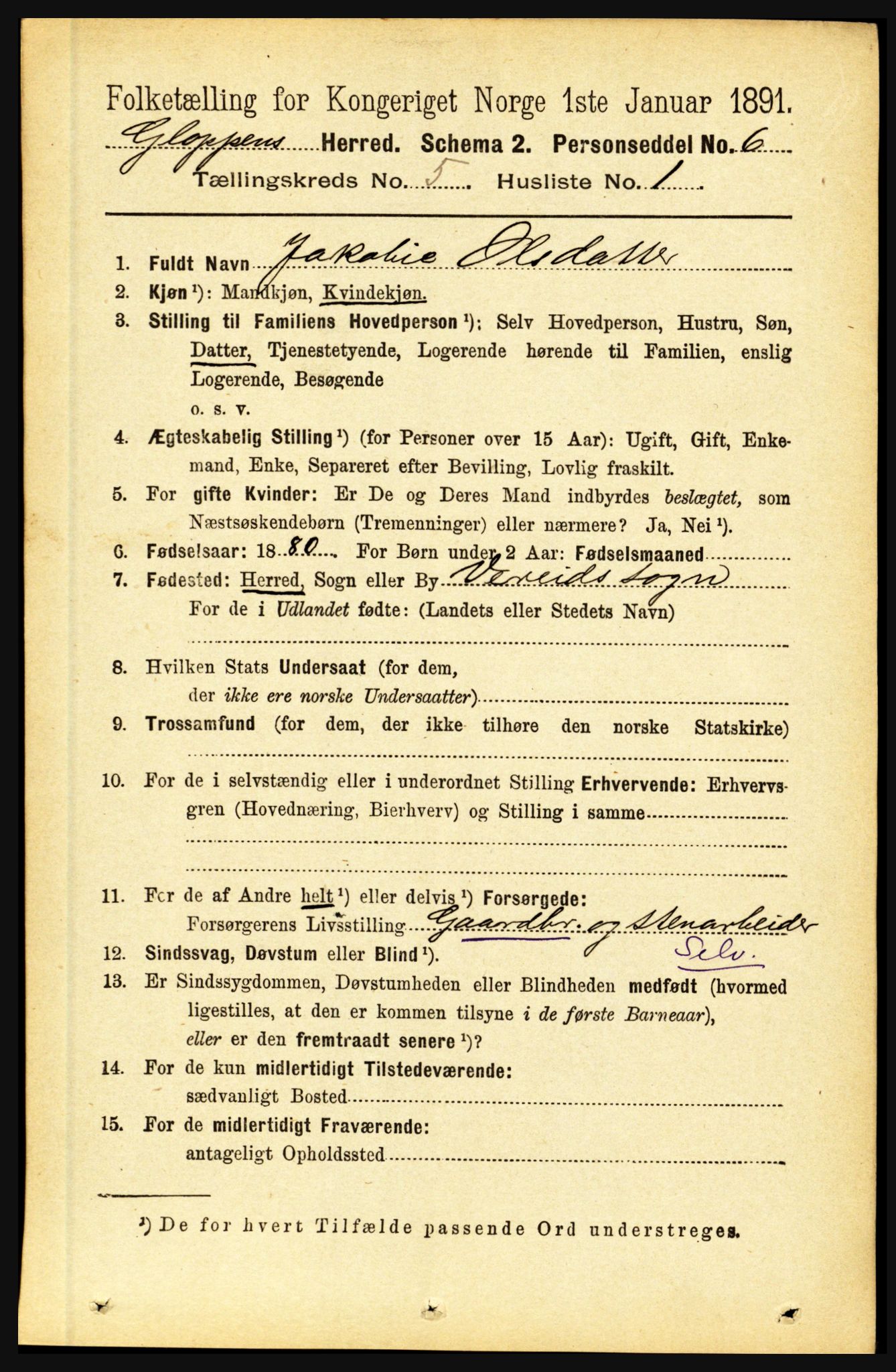 RA, 1891 census for 1445 Gloppen, 1891, p. 2065