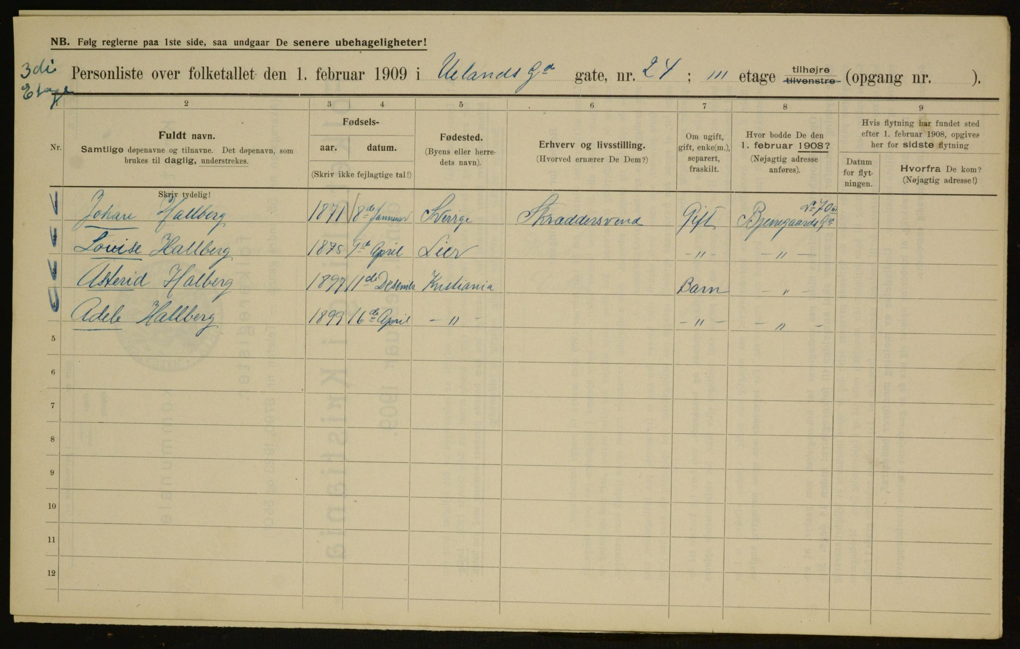 OBA, Municipal Census 1909 for Kristiania, 1909, p. 107603