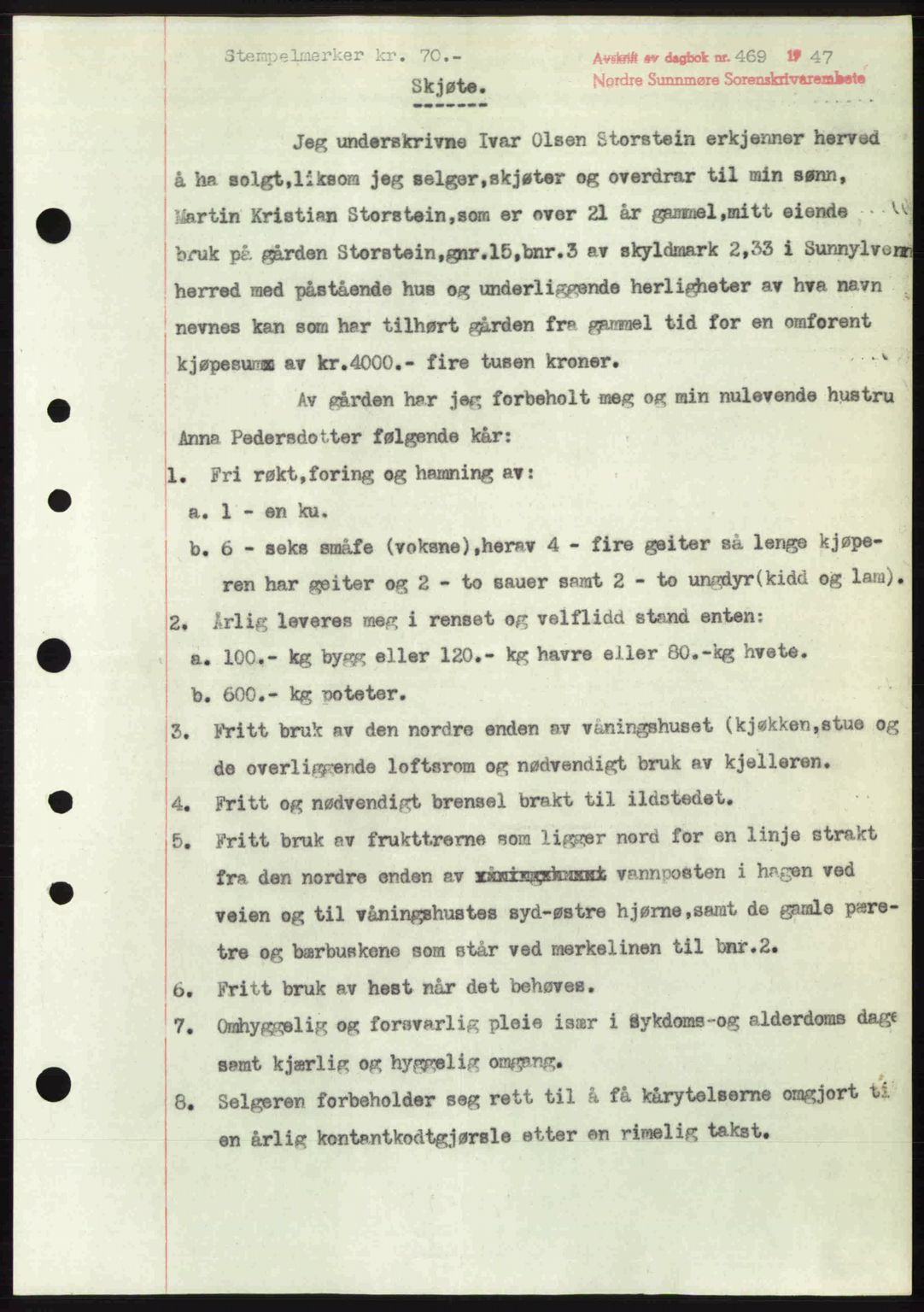 Nordre Sunnmøre sorenskriveri, AV/SAT-A-0006/1/2/2C/2Ca: Mortgage book no. A24, 1947-1947, Diary no: : 469/1947