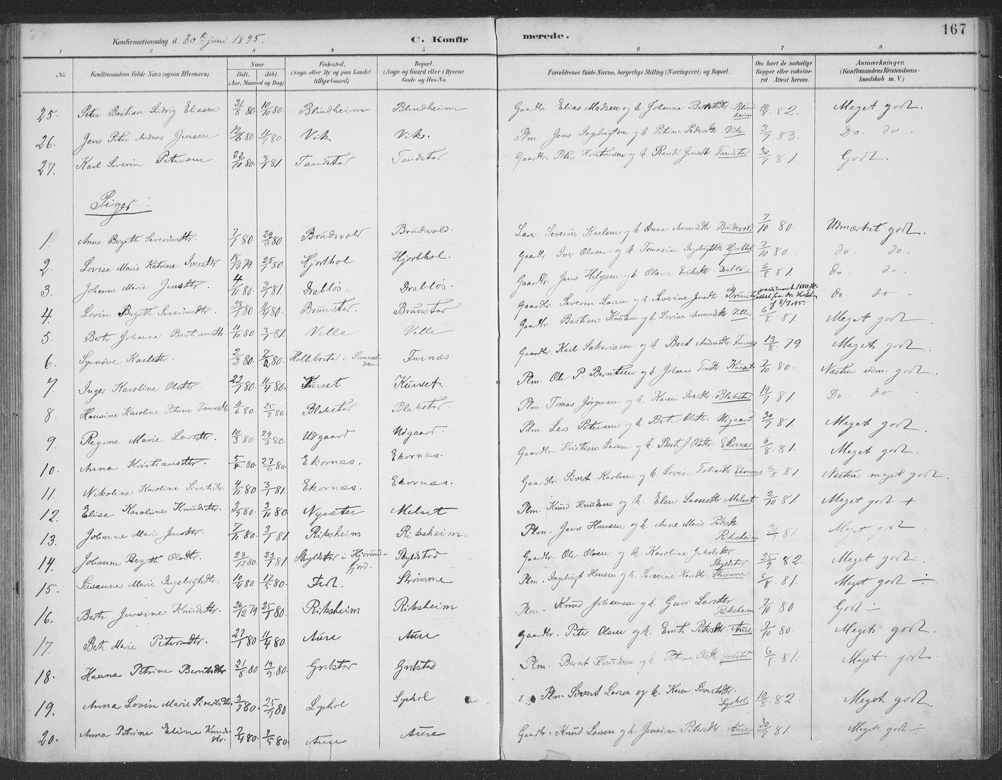 Ministerialprotokoller, klokkerbøker og fødselsregistre - Møre og Romsdal, AV/SAT-A-1454/523/L0335: Parish register (official) no. 523A02, 1891-1911, p. 167