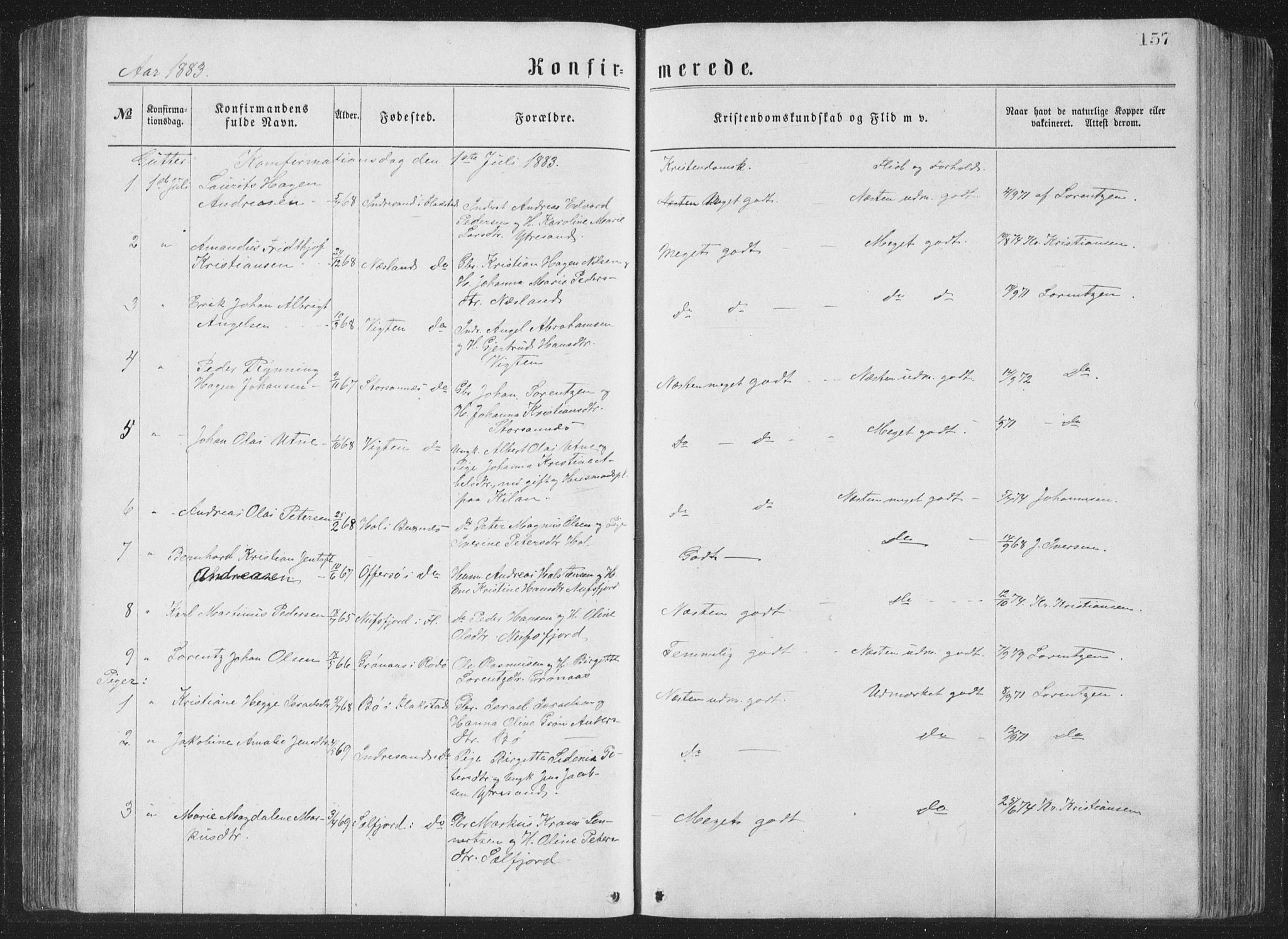 Ministerialprotokoller, klokkerbøker og fødselsregistre - Nordland, AV/SAT-A-1459/885/L1213: Parish register (copy) no. 885C02, 1874-1892, p. 157