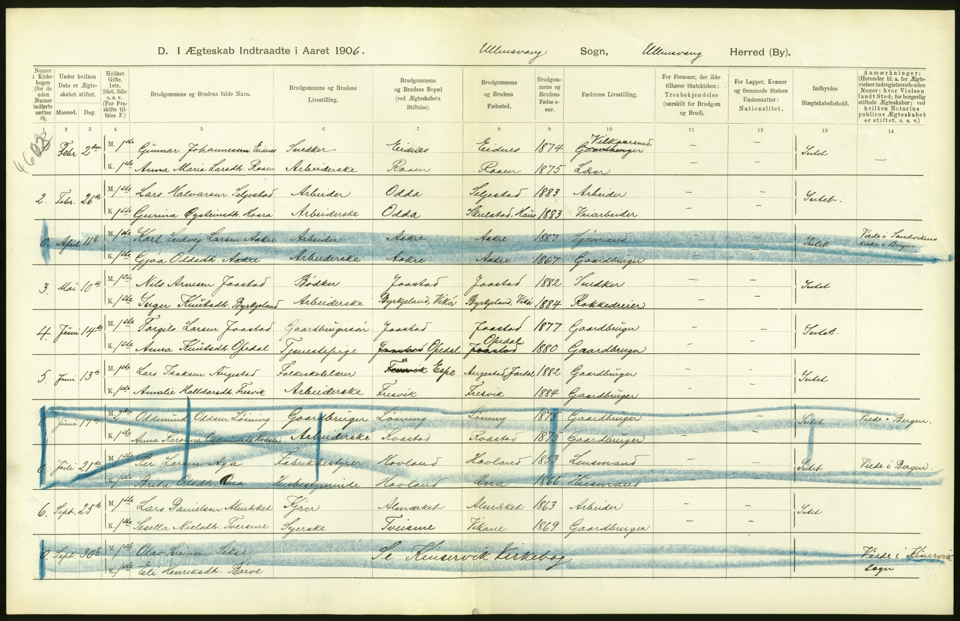 Statistisk sentralbyrå, Sosiodemografiske emner, Befolkning, AV/RA-S-2228/D/Df/Dfa/Dfad/L0029: S. Bergenhus amt: Gifte, dødfødte. Bygder., 1906, p. 30