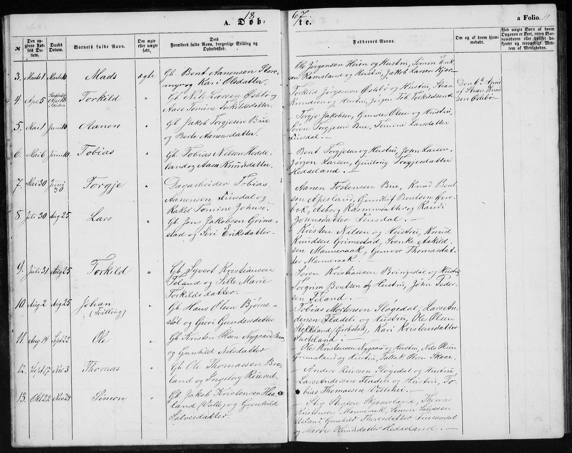Holum sokneprestkontor, SAK/1111-0022/F/Fb/Fbc/L0002: Parish register (copy) no. B 2, 1860-1882, p. 11