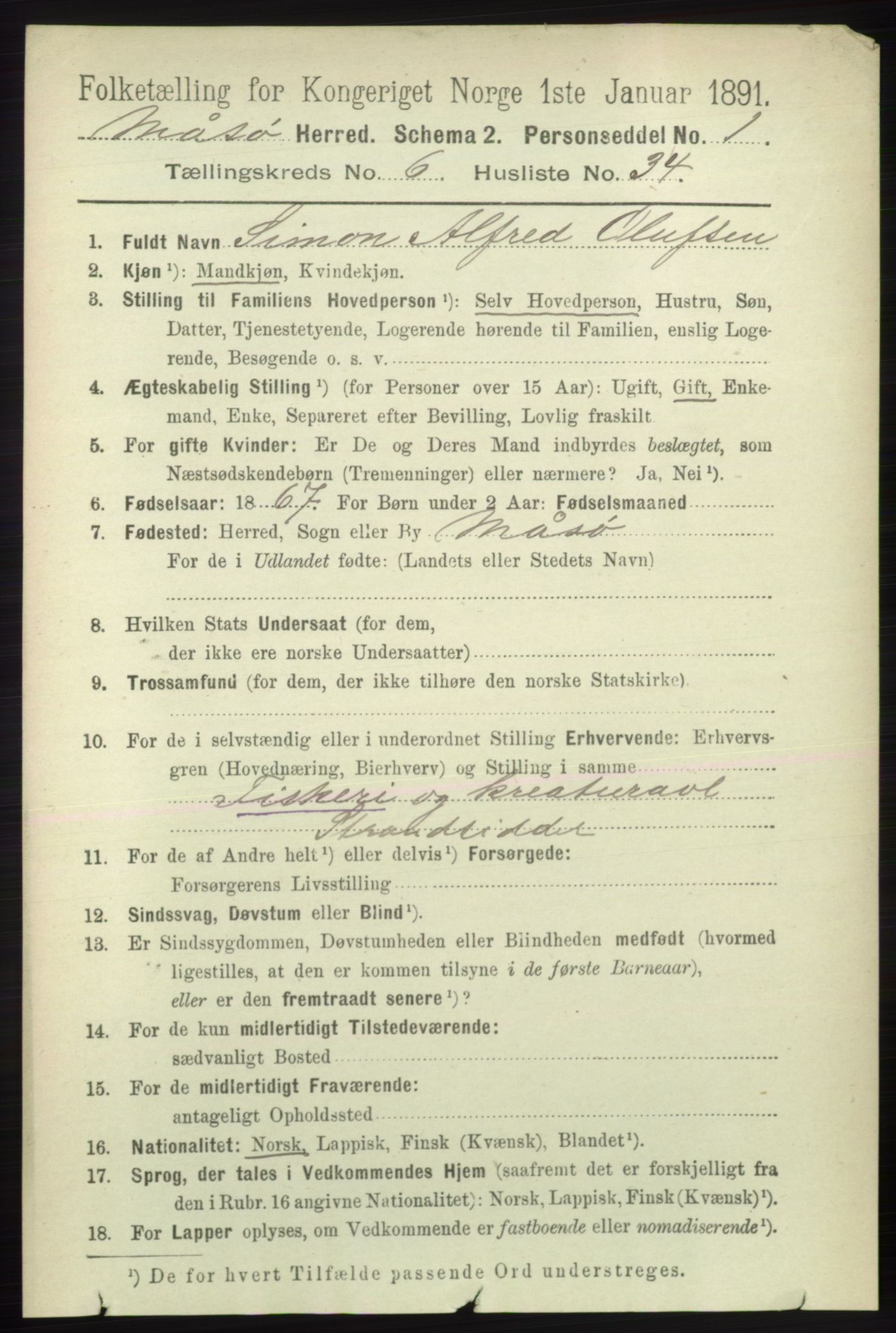 RA, 1891 census for 2018 Måsøy, 1891, p. 1317