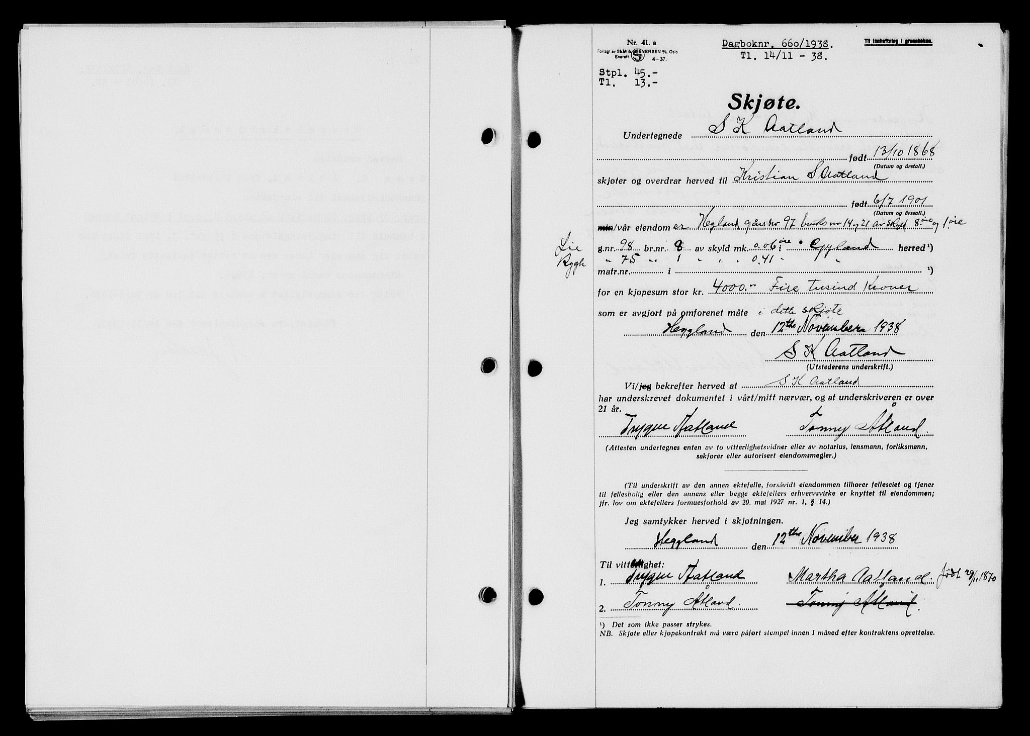 Flekkefjord sorenskriveri, SAK/1221-0001/G/Gb/Gba/L0054: Mortgage book no. A-2, 1937-1938, Diary no: : 660/1938