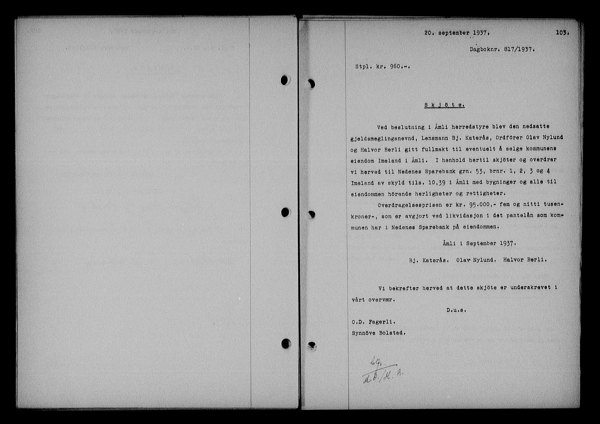 Nedenes sorenskriveri, AV/SAK-1221-0006/G/Gb/Gba/L0044: Mortgage book no. 40, 1937-1938, Diary no: : 817/1937