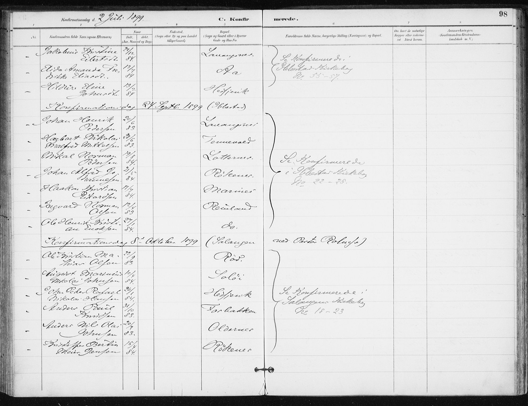 Salangen sokneprestembete, AV/SATØ-S-1324/H/Ha/L0001kirke: Parish register (official) no. 1, 1893-1911, p. 98