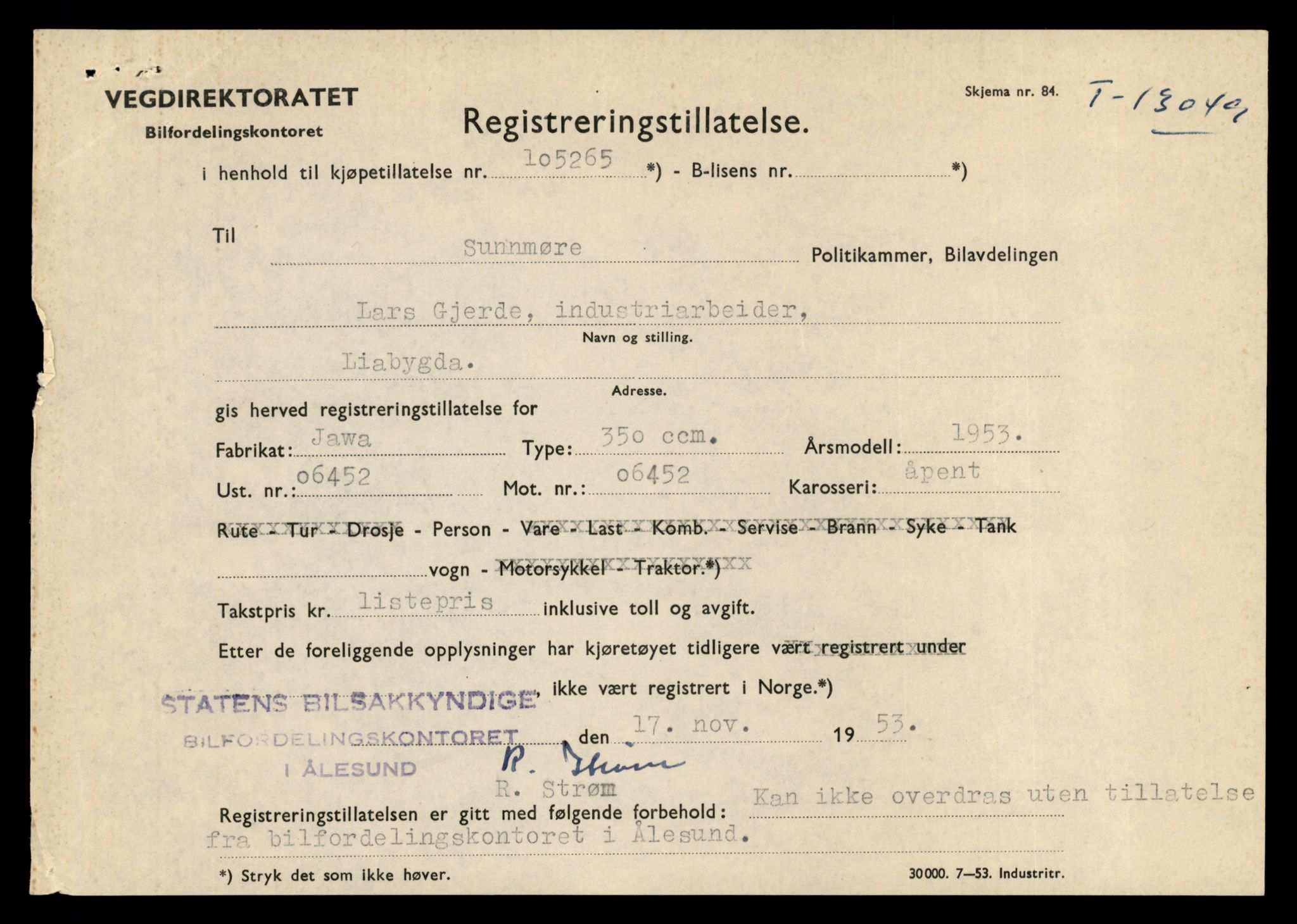 Møre og Romsdal vegkontor - Ålesund trafikkstasjon, SAT/A-4099/F/Fe/L0037: Registreringskort for kjøretøy T 13031 - T 13179, 1927-1998, p. 425