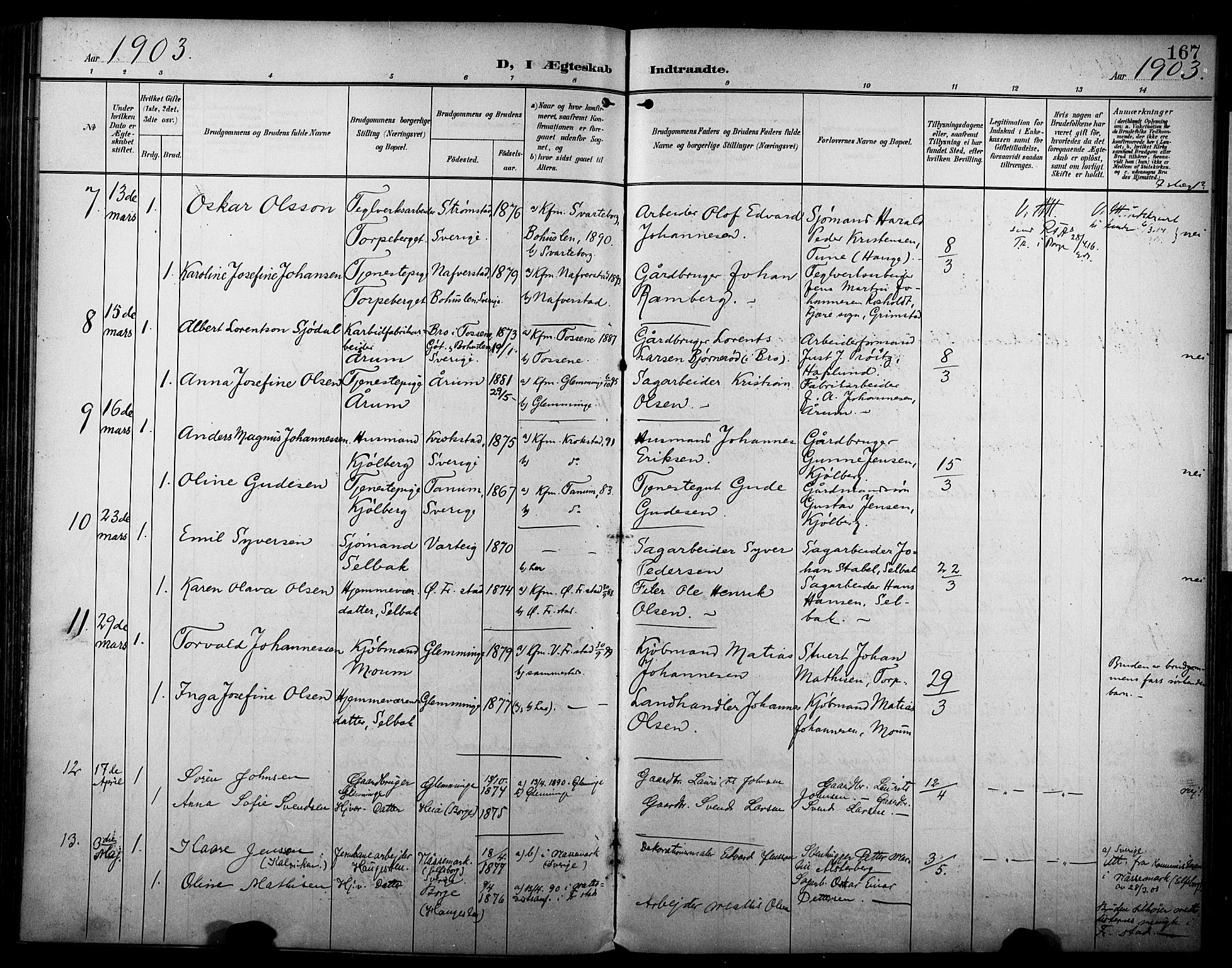 Borge prestekontor Kirkebøker, AV/SAO-A-10903/F/Fa/L0009: Parish register (official) no. I 9, 1902-1911, p. 167