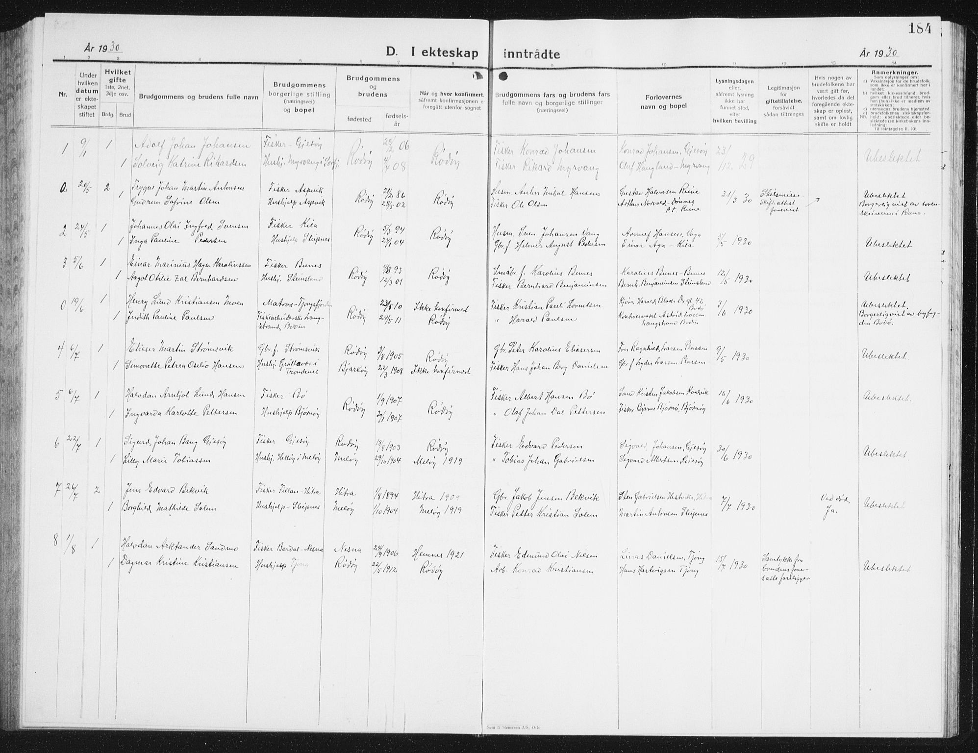 Ministerialprotokoller, klokkerbøker og fødselsregistre - Nordland, AV/SAT-A-1459/841/L0622: Parish register (copy) no. 841C06, 1924-1942, p. 184