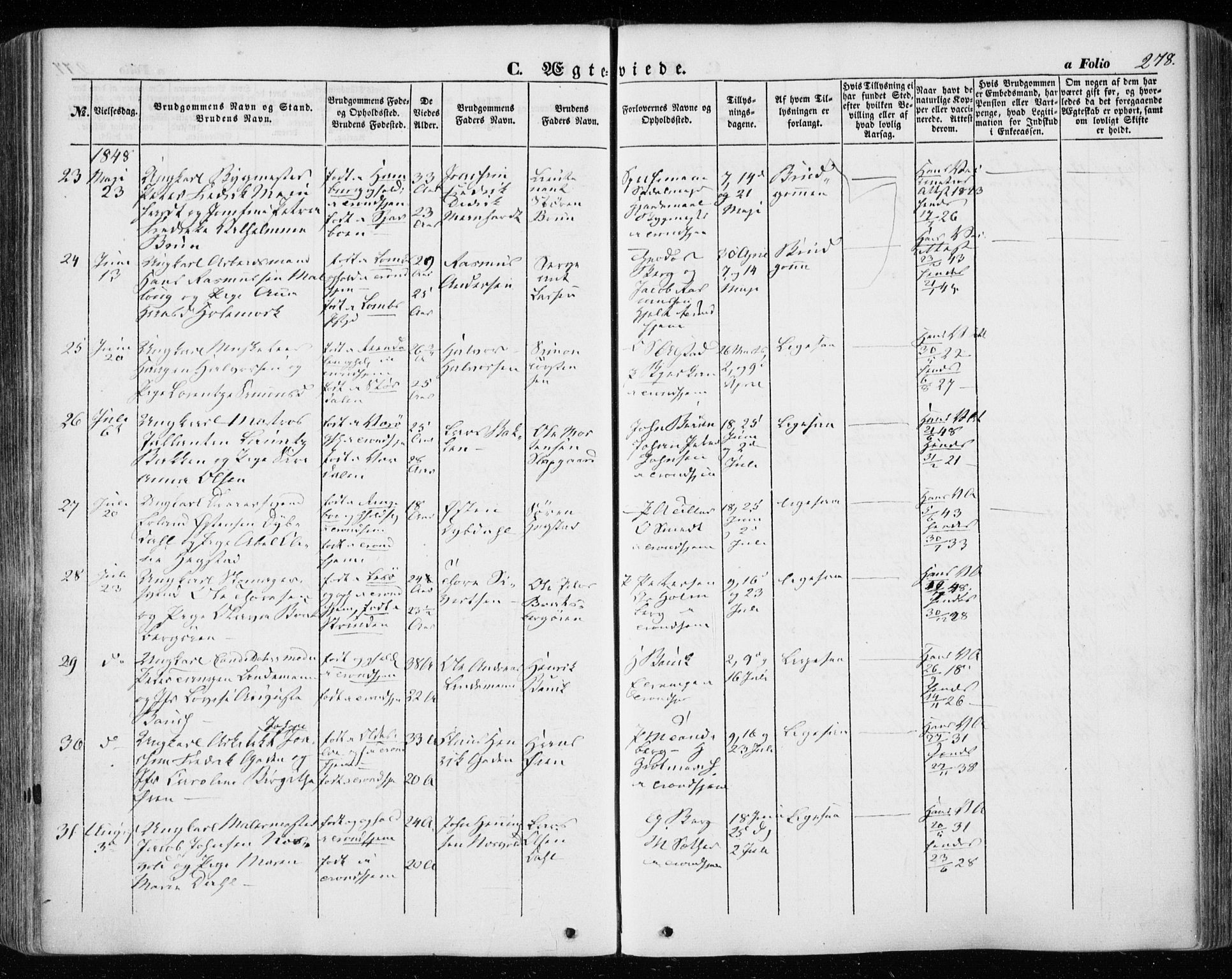 Ministerialprotokoller, klokkerbøker og fødselsregistre - Sør-Trøndelag, SAT/A-1456/601/L0051: Parish register (official) no. 601A19, 1848-1857, p. 278
