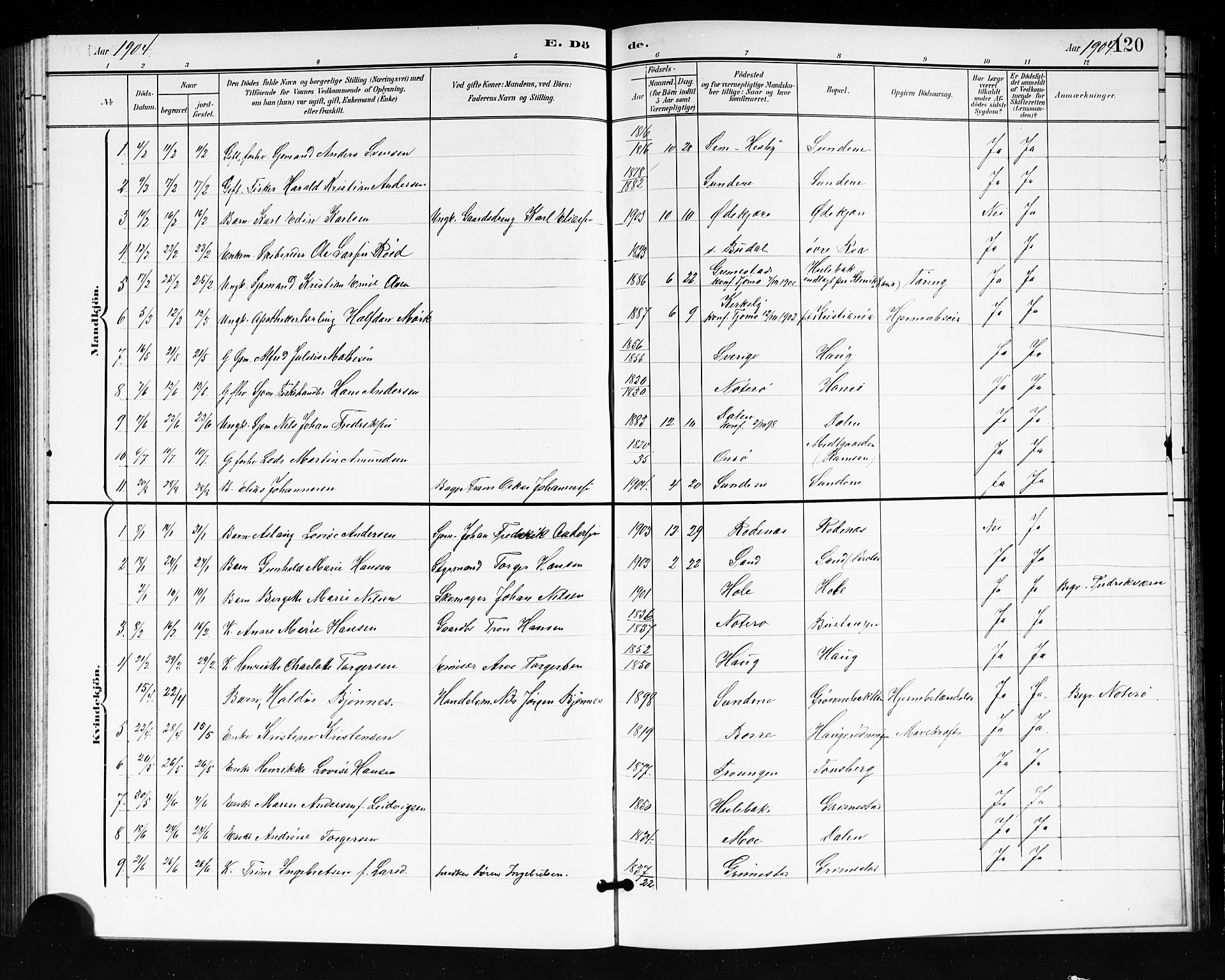 Tjøme kirkebøker, AV/SAKO-A-328/G/Ga/L0001: Parish register (copy) no. I 1, 1901-1910, p. 120