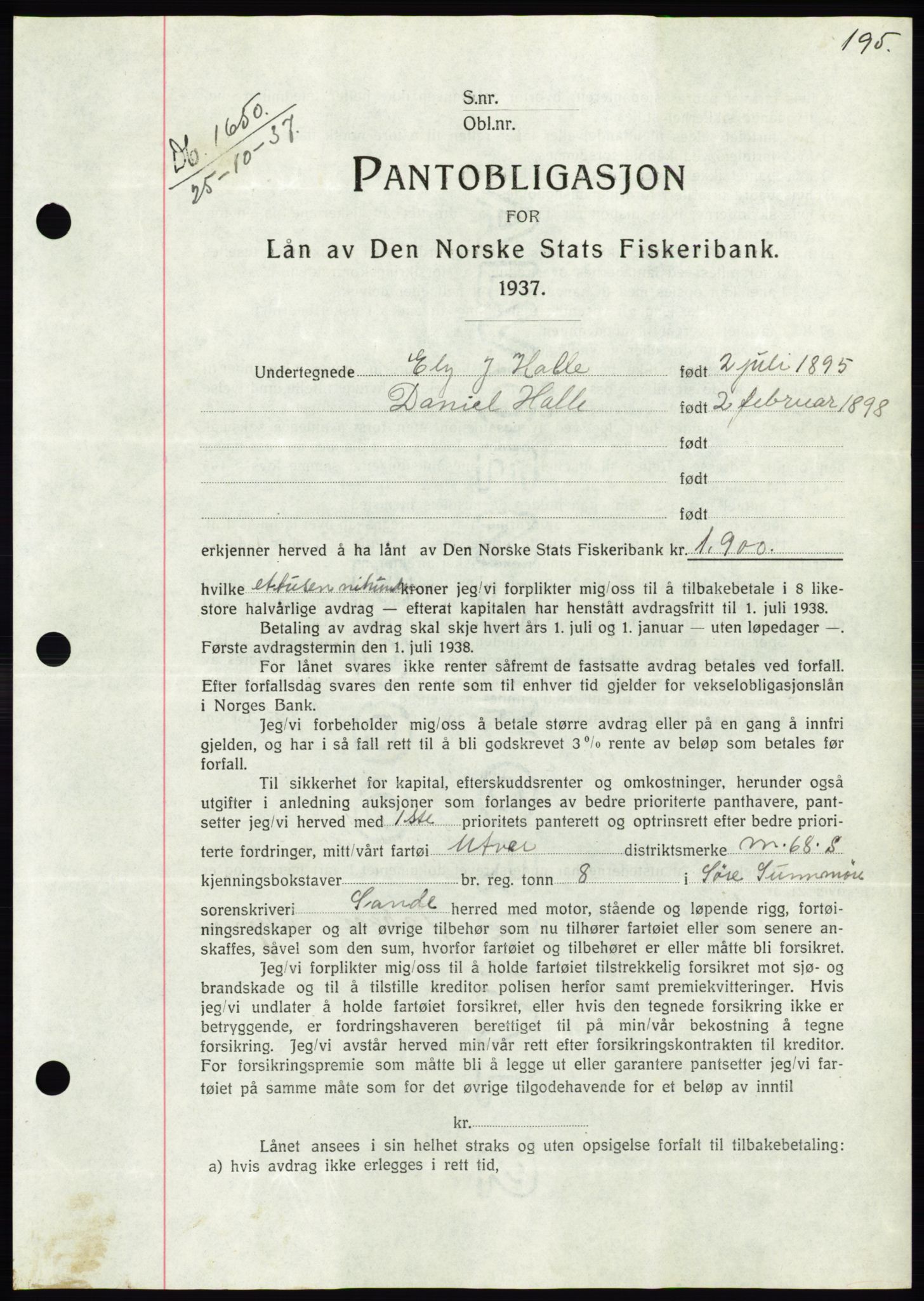 Søre Sunnmøre sorenskriveri, AV/SAT-A-4122/1/2/2C/L0064: Mortgage book no. 58, 1937-1938, Diary no: : 1650/1937