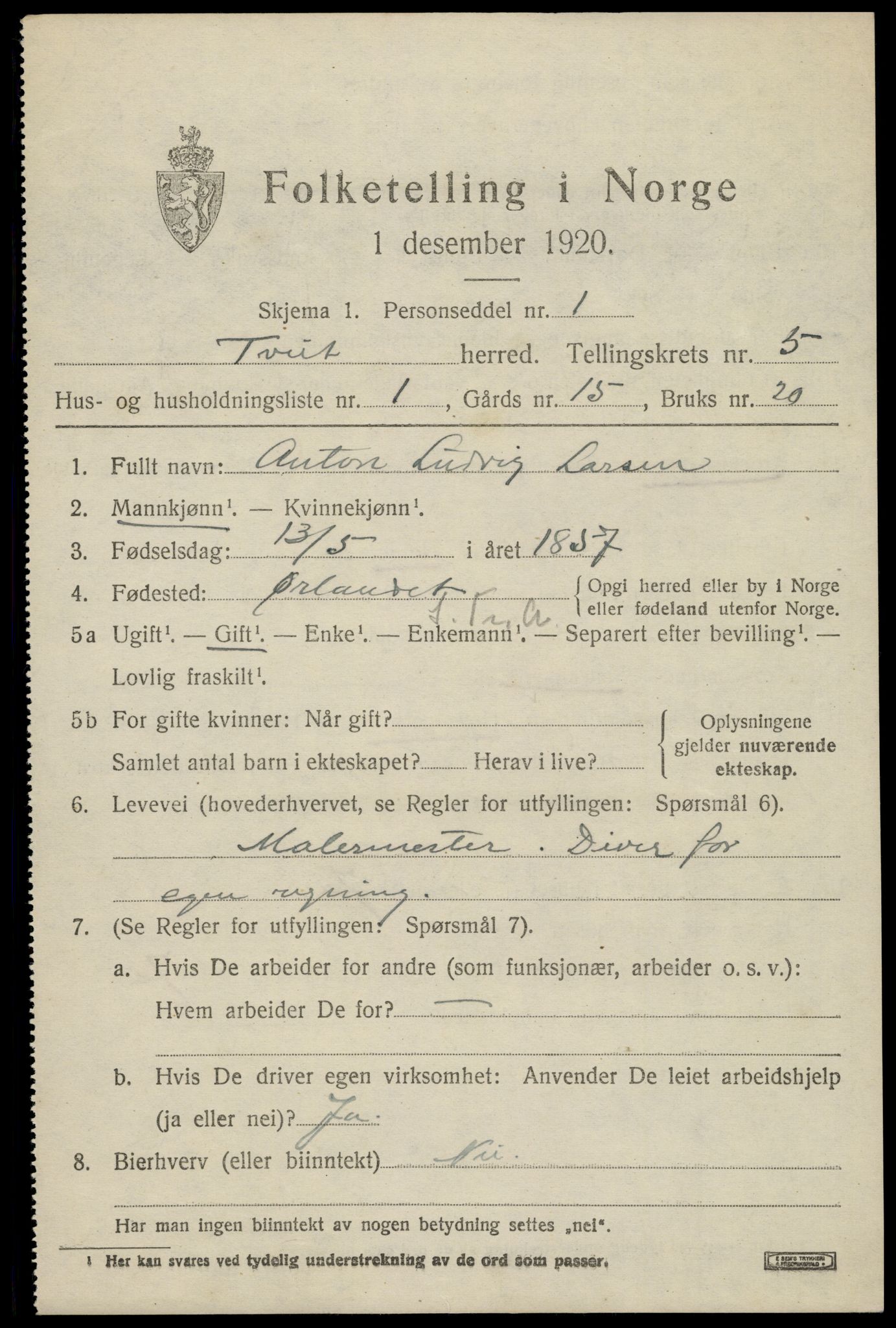 SAK, 1920 census for Tveit, 1920, p. 2426