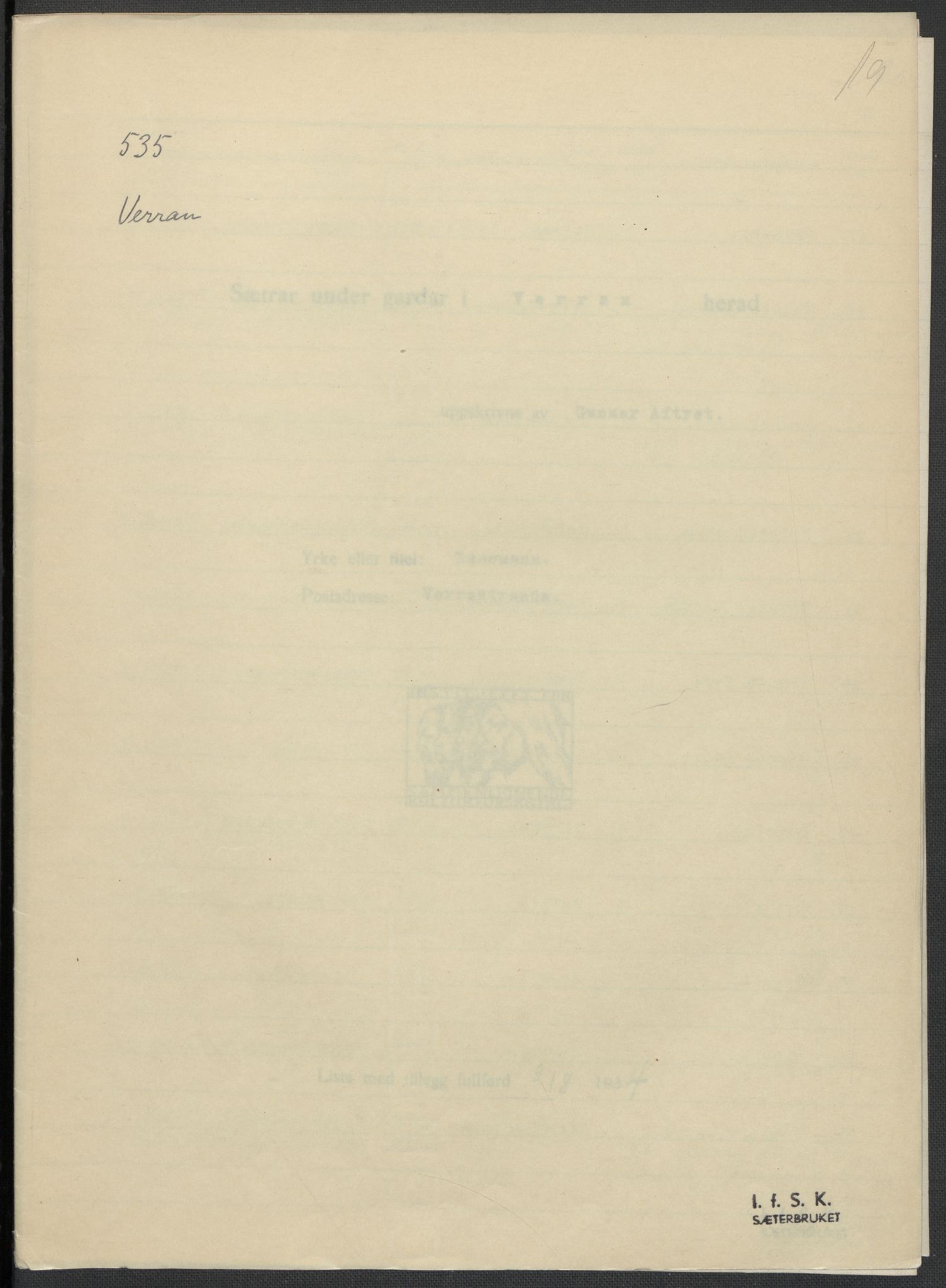 Instituttet for sammenlignende kulturforskning, AV/RA-PA-0424/F/Fc/L0015/0002: Eske B15: / Nord-Trøndelag (perm XLIII), 1933-1938, p. 19