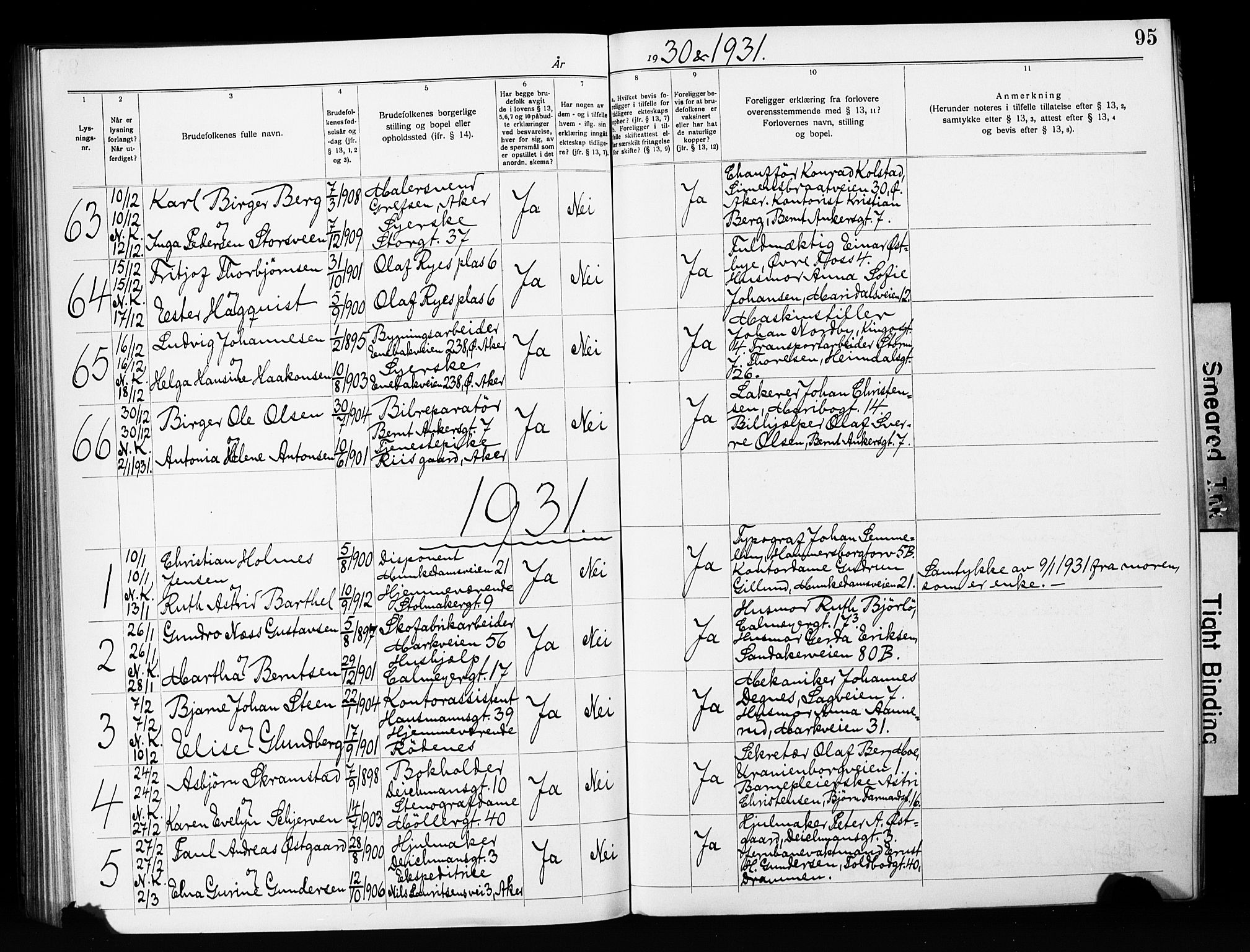 Jakob prestekontor Kirkebøker, SAO/A-10850/H/Ha/L0003: Banns register no. 3, 1919-1931, p. 95