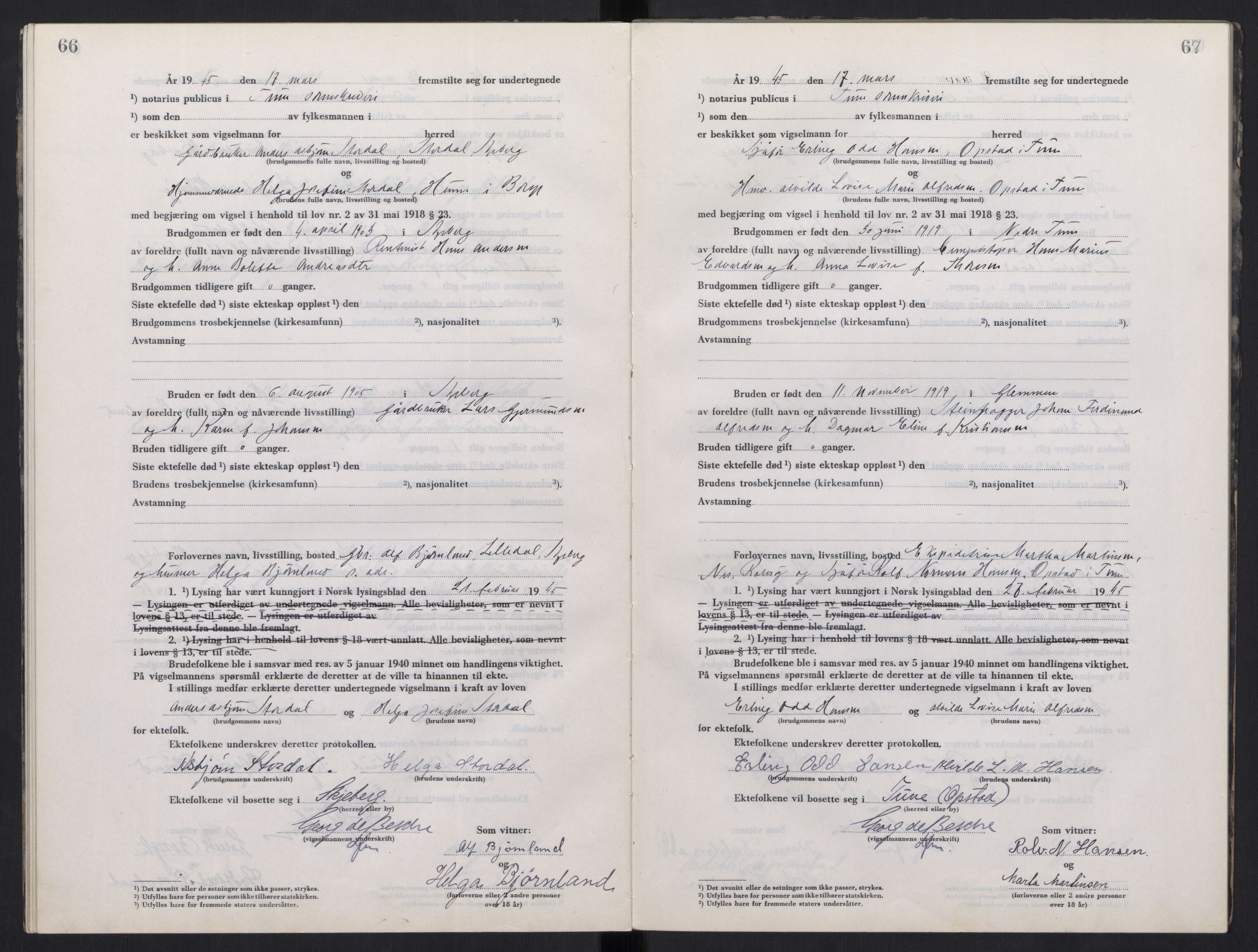 Tune sorenskriveri, AV/SAO-A-10470/L/Lb/L0003: Vigselprotokoll, 1944-1951, p. 66-67