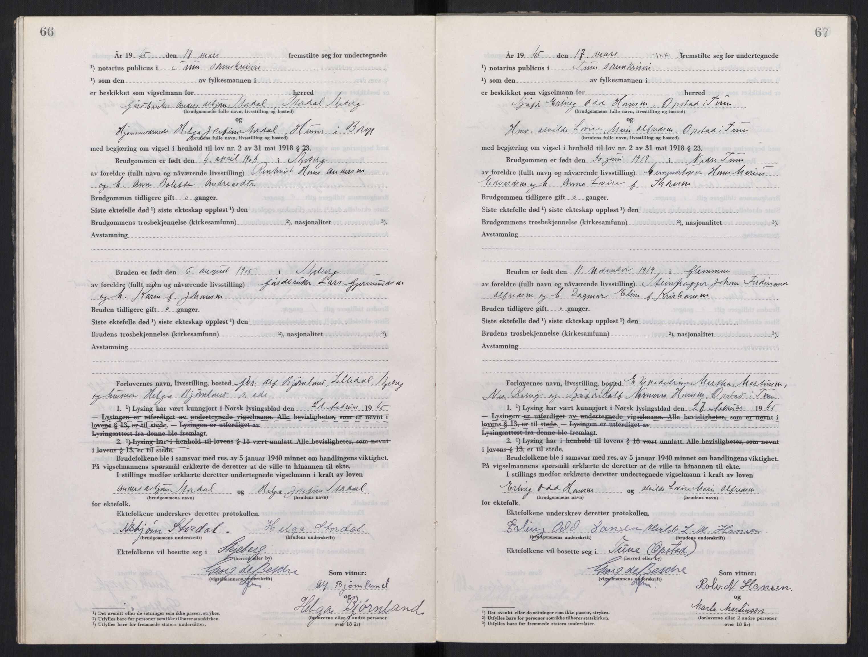 Tune sorenskriveri, SAO/A-10470/L/Lb/L0003: Vigselprotokoll, 1944-1951, p. 66-67