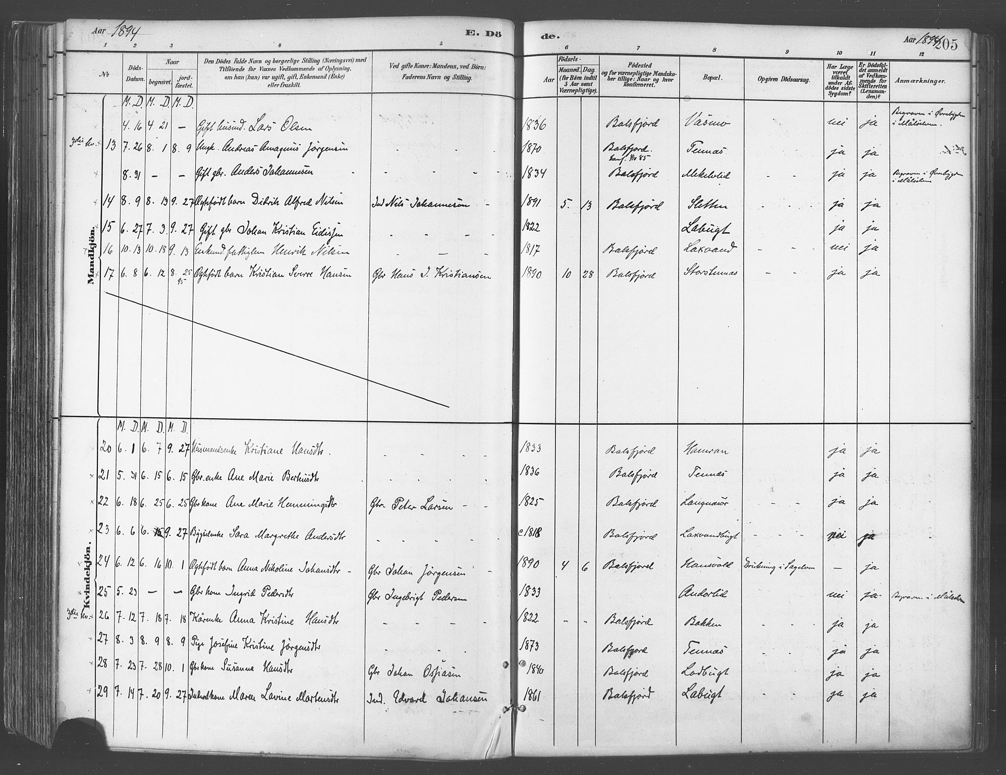 Balsfjord sokneprestembete, SATØ/S-1303/G/Ga/L0005kirke: Parish register (official) no. 5, 1884-1897, p. 205