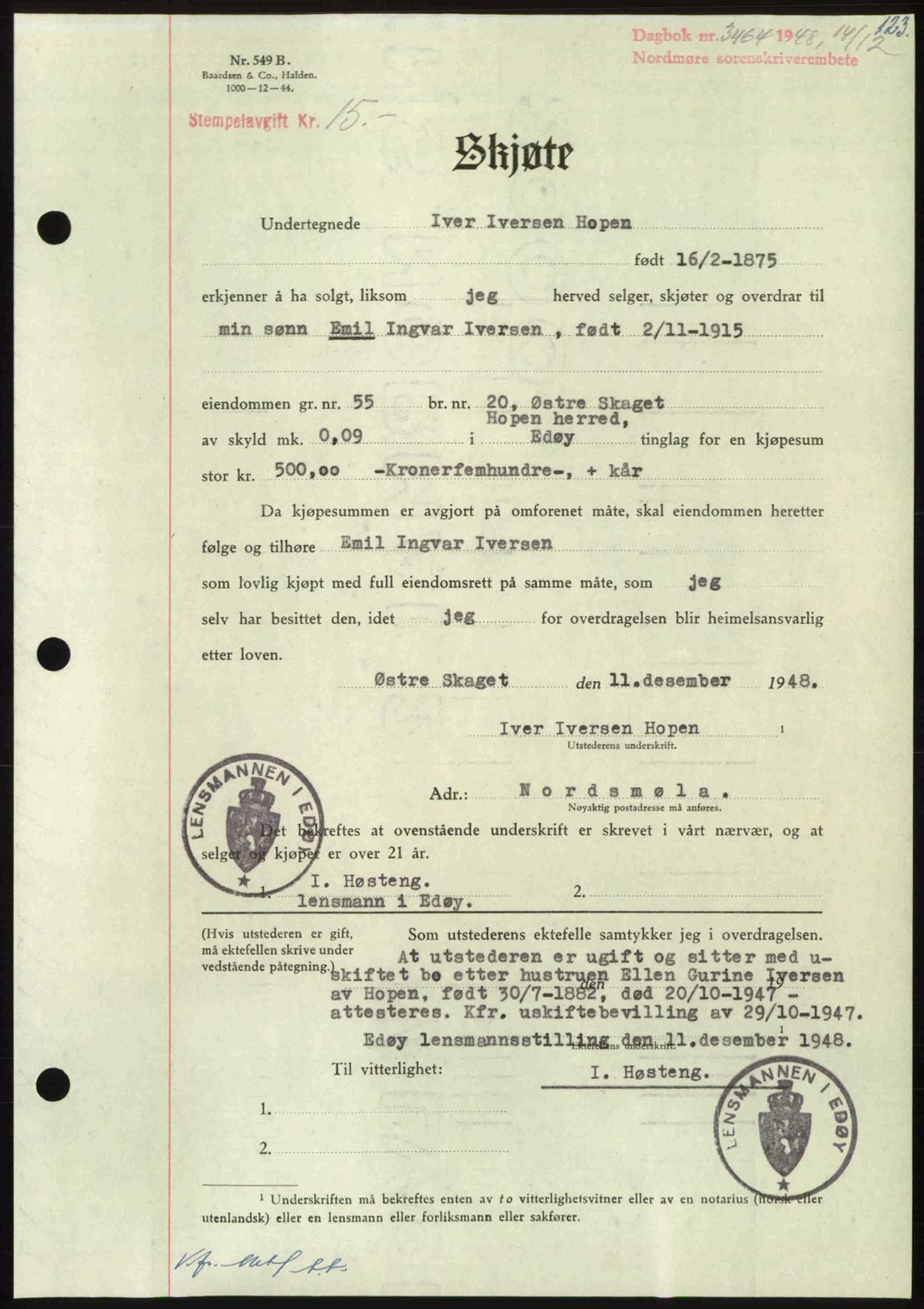 Nordmøre sorenskriveri, AV/SAT-A-4132/1/2/2Ca: Mortgage book no. A110, 1948-1949, Diary no: : 3464/1948