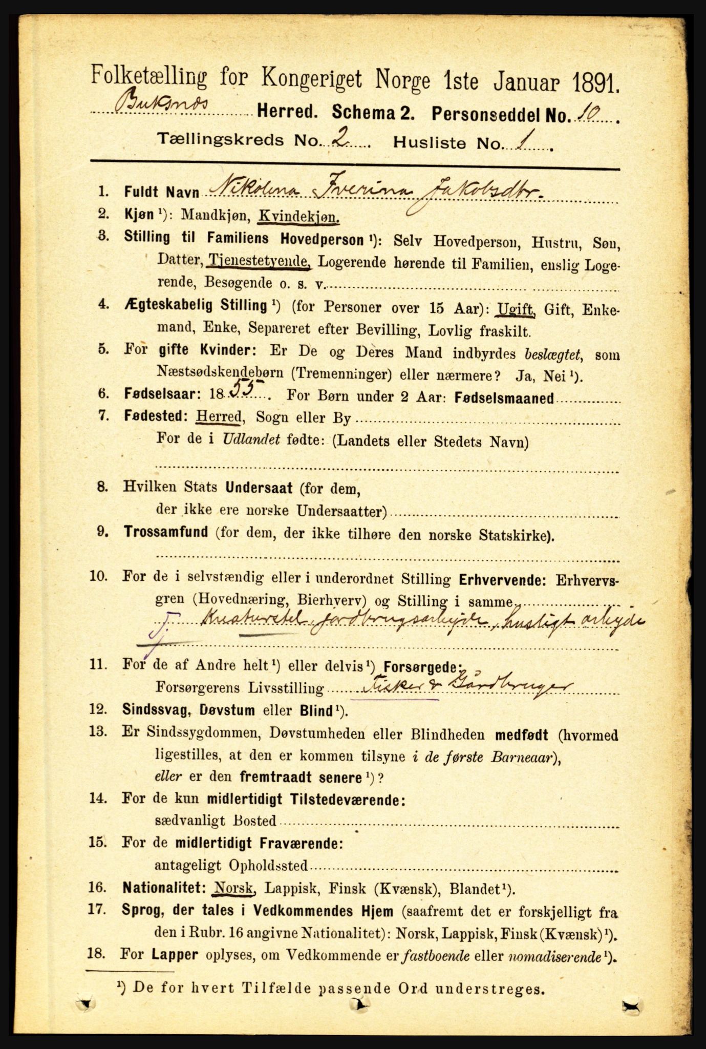 RA, 1891 census for 1860 Buksnes, 1891, p. 1603